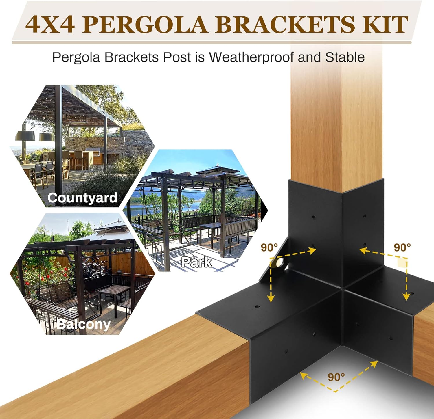 4 x 4 (real 3.5 x 3.5 pulgadas) soportes de extensión de esquina de pérgolas de 3 vías, soporte de pérgola de aluminio con recubrimiento de polvo