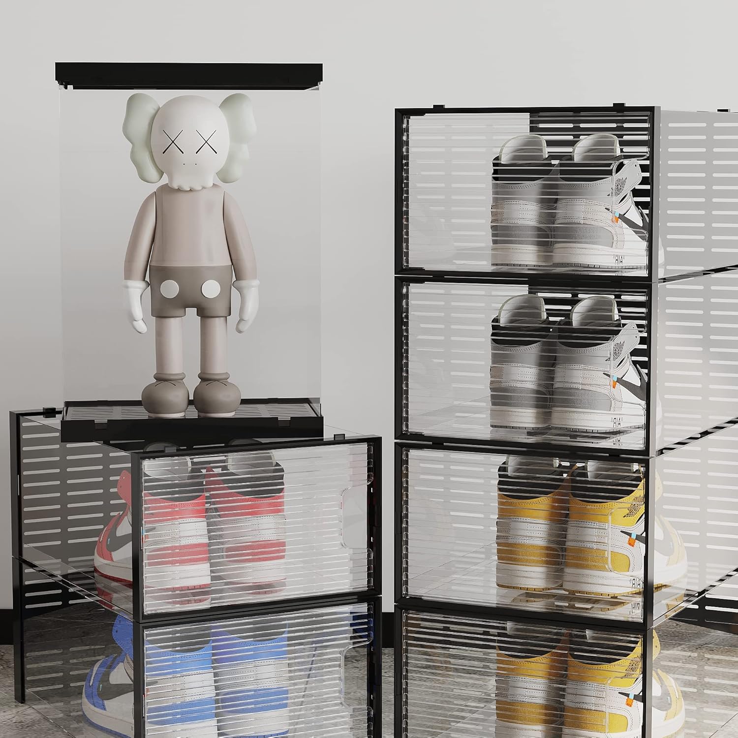 WAYTRIM Cajas de zapatos apilables, organizador de zapatos apilable de plástico transparente para armario, ahorro de espacio, contenedores plegables