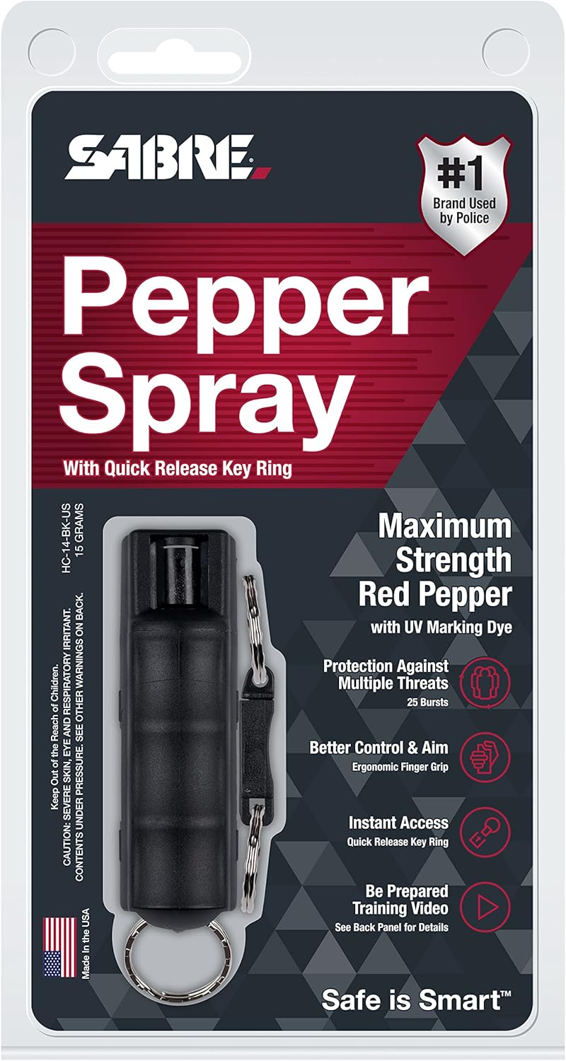 SABRE Kit de seguridad personal con spray de pimienta y alarma personal 2 en 1 con luz LED, 0.54 onzas líquidas, 25 ráfagas, alarma de 130 dB,