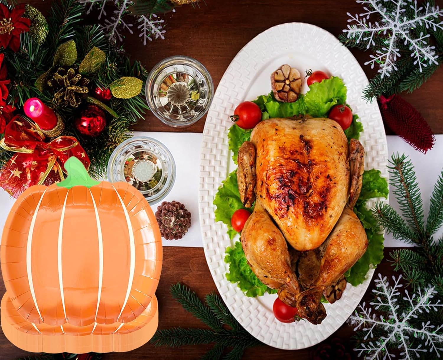 QXBXYHM 25 platos de papel de calabaza de otoño, platos desechables para fiesta de cosecha de otoño, platos de cena naranja para Acción de Gracias,