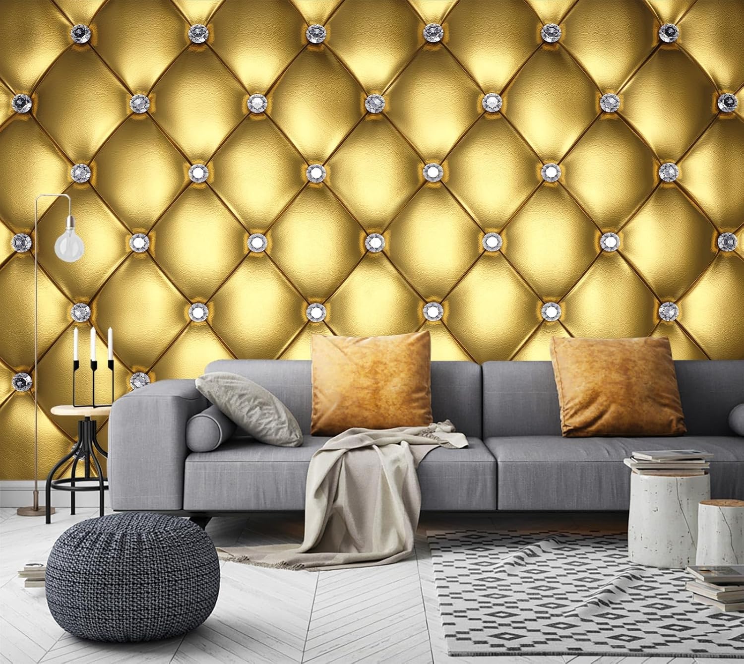 Papel tapiz dorado 3D con diseño de diamante, funda suave de piel sintética, adecuado para sala de estar, dormitorio, TV, fondo, decoración de pared