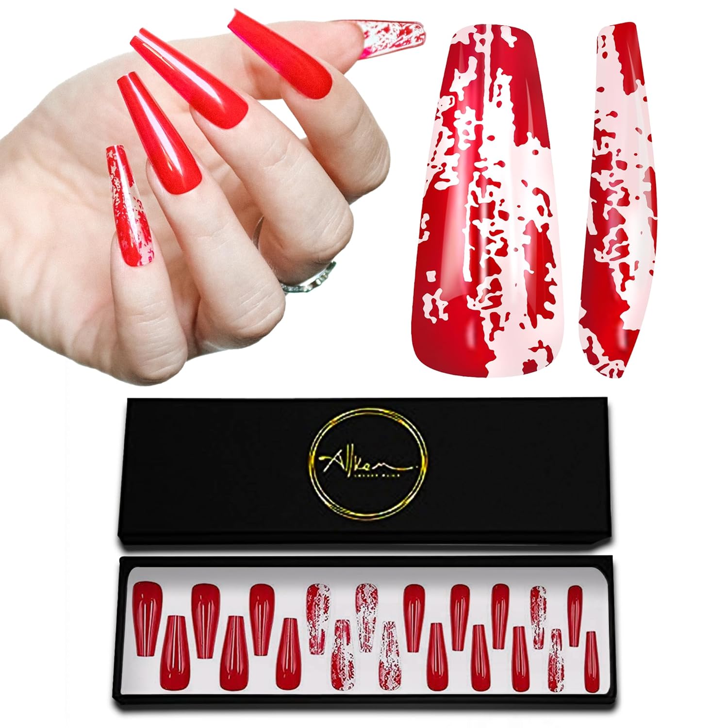 ALLKEM Burnt Red  Bailarina extra larga cubierta completa de uñas largas de ataúd  20 piezas de uñas postizas acrílicas de cubierta completa, 10
