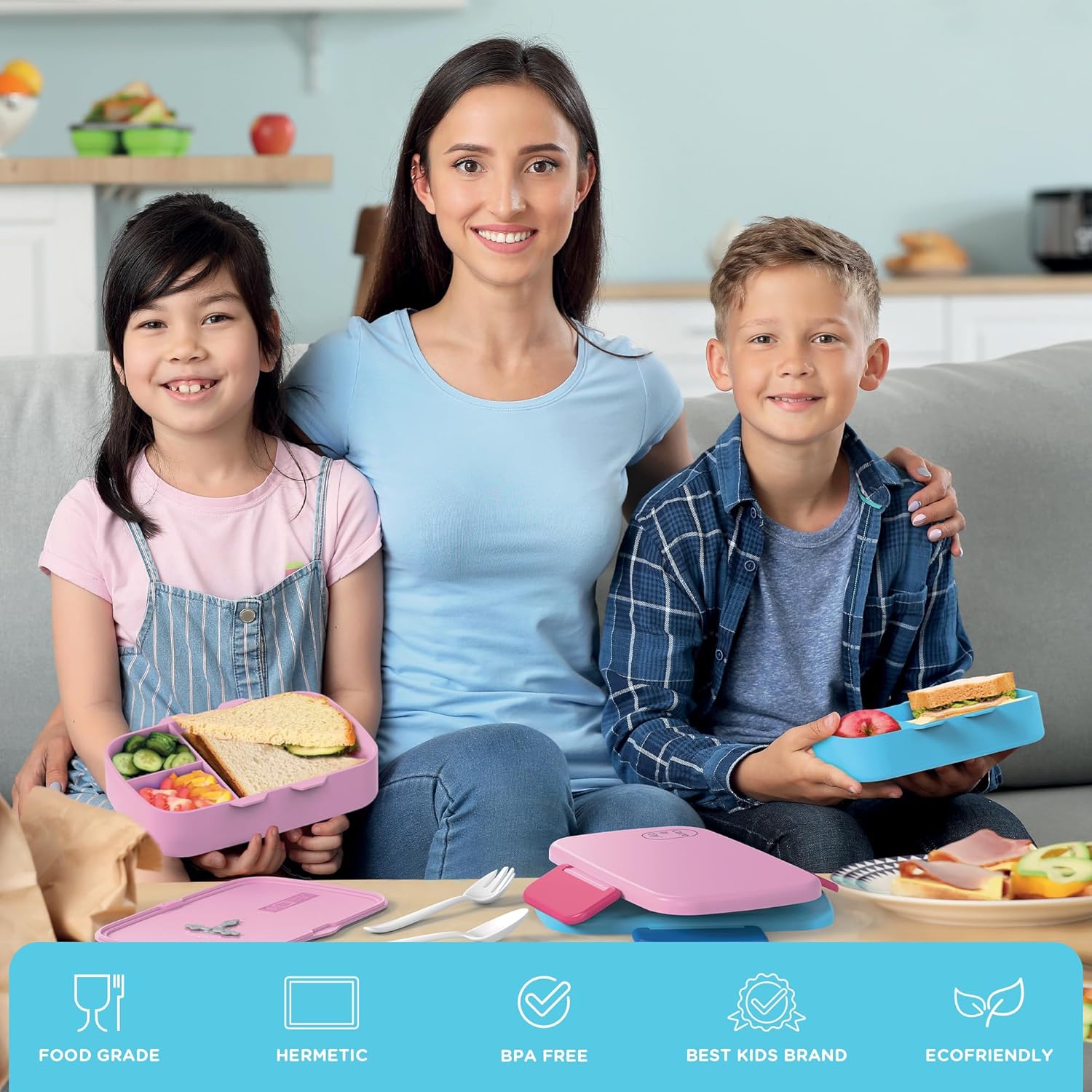 Lonchera Bento para niños y niñas con juego de cubiertos, hojas de calcomanías (más de 5 años), caja de almuerzo de 3 compartimentos a prueba de