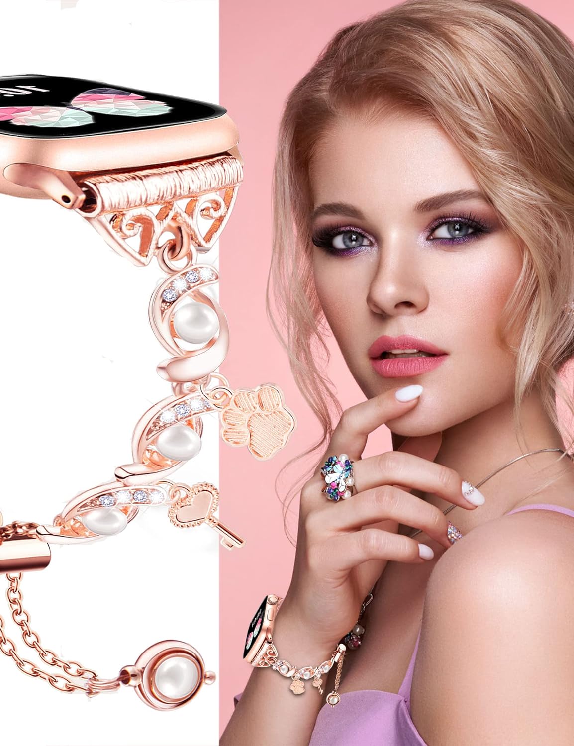 fohuas – Pulsera de cuentas compatible con Apple Watch Series Ultra SE 8 7 6 5 4 3 2 1, fohuas linda perla blanca con cuentas con dijes para iPhone