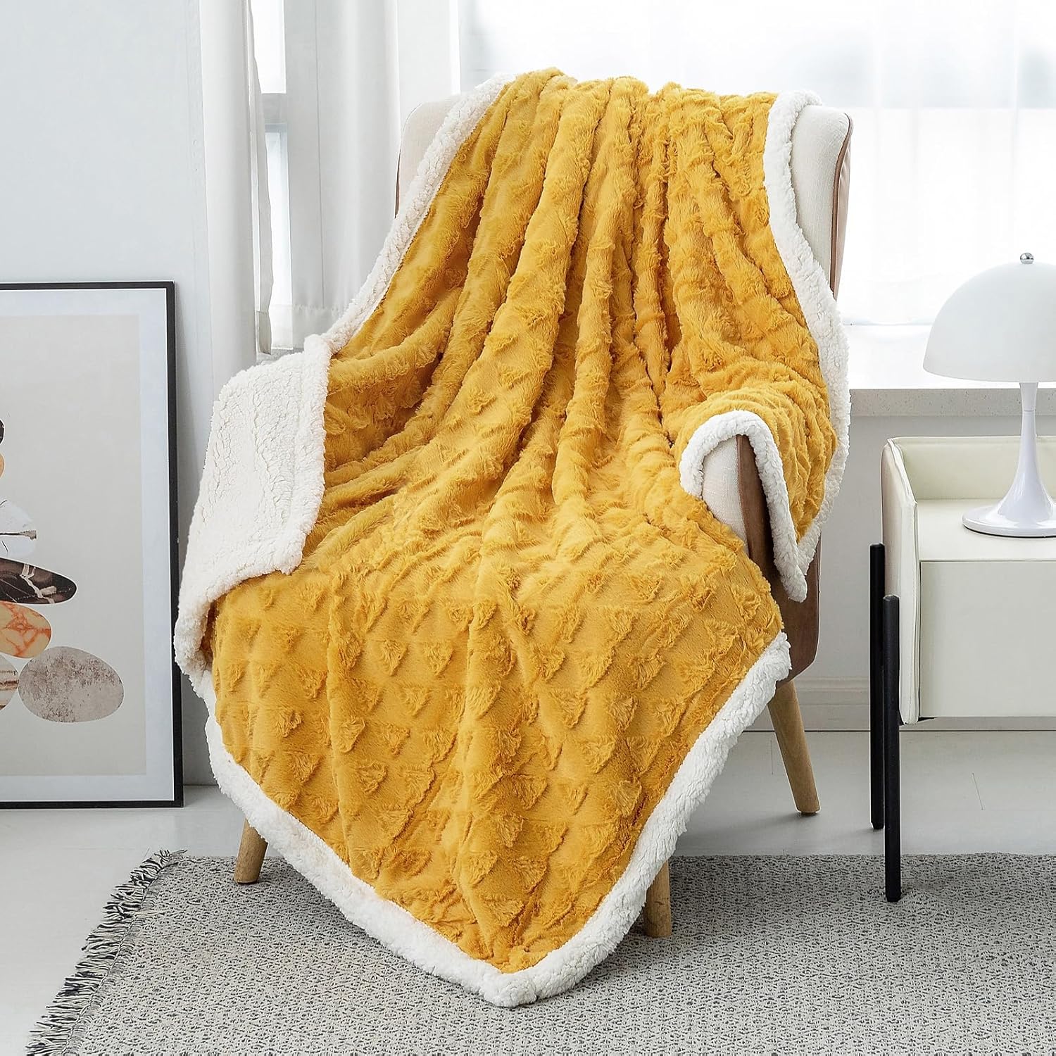 LOMAO Manta para sofá  Manta de vellón de piel sintética, suave y mullida, acogedora manta de regalo para cama, sofá (60 x 80 pulgadas, amarillo)