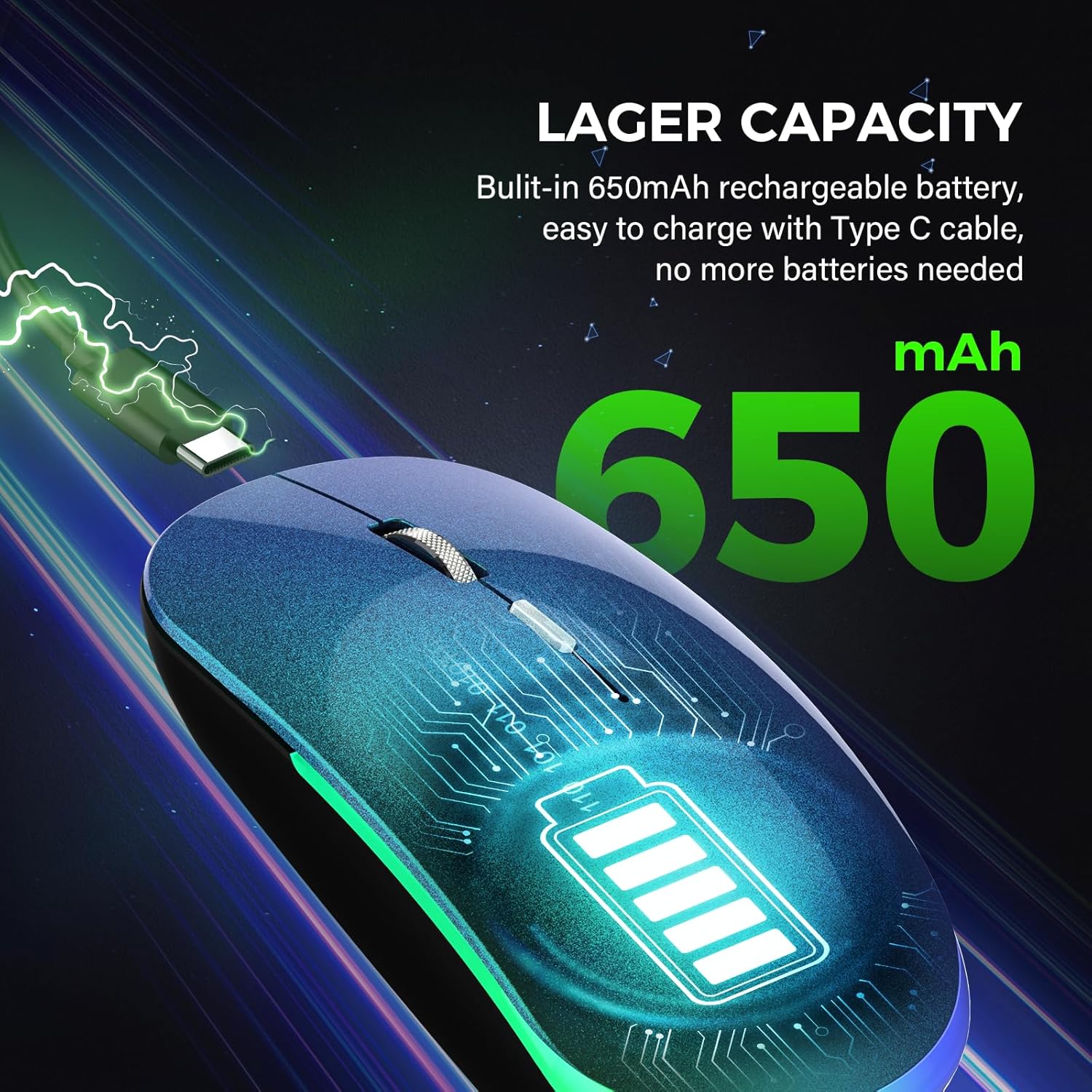 Mouse inalámbrico, mouse USB para computadora de 2.4 G, recargable RGB, ultra silencioso, mouse inalámbrico portátil para PC, laptop, escritorio,