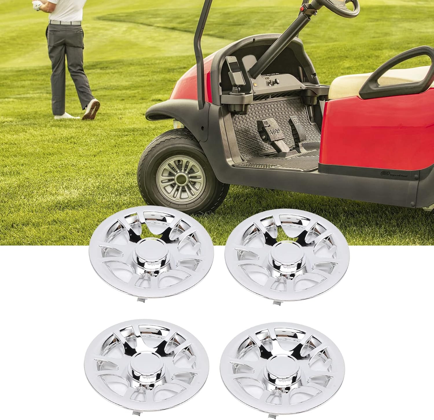 4 tapas de cubo de carrito de golf de 8 pulgadas, cubiertas de rueda cromadas, protector de llanta para carrito de golf E Z GO