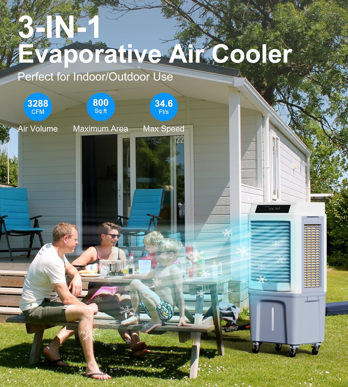 MEPTY Enfriador evaporativo, enfriador de pantano de 2648 CFM, enfriador de aire portátil con control remoto, 3 velocidades, oscilación,