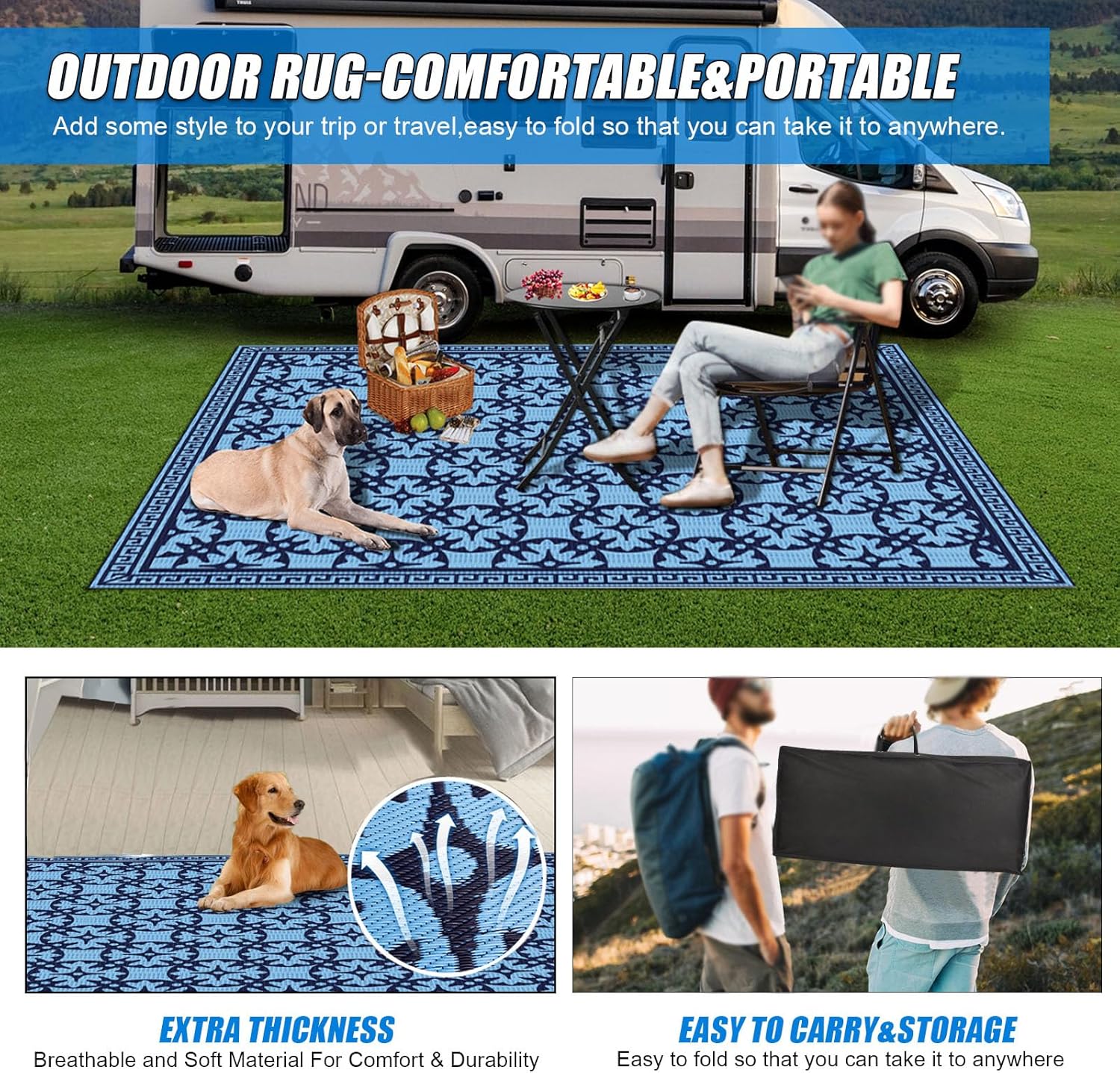TIPHOPE Alfombras para exteriores de caravana, impermeables, de 9 x 6 pies, alfombras plegables para patio con bolsa de transporte, alfombras