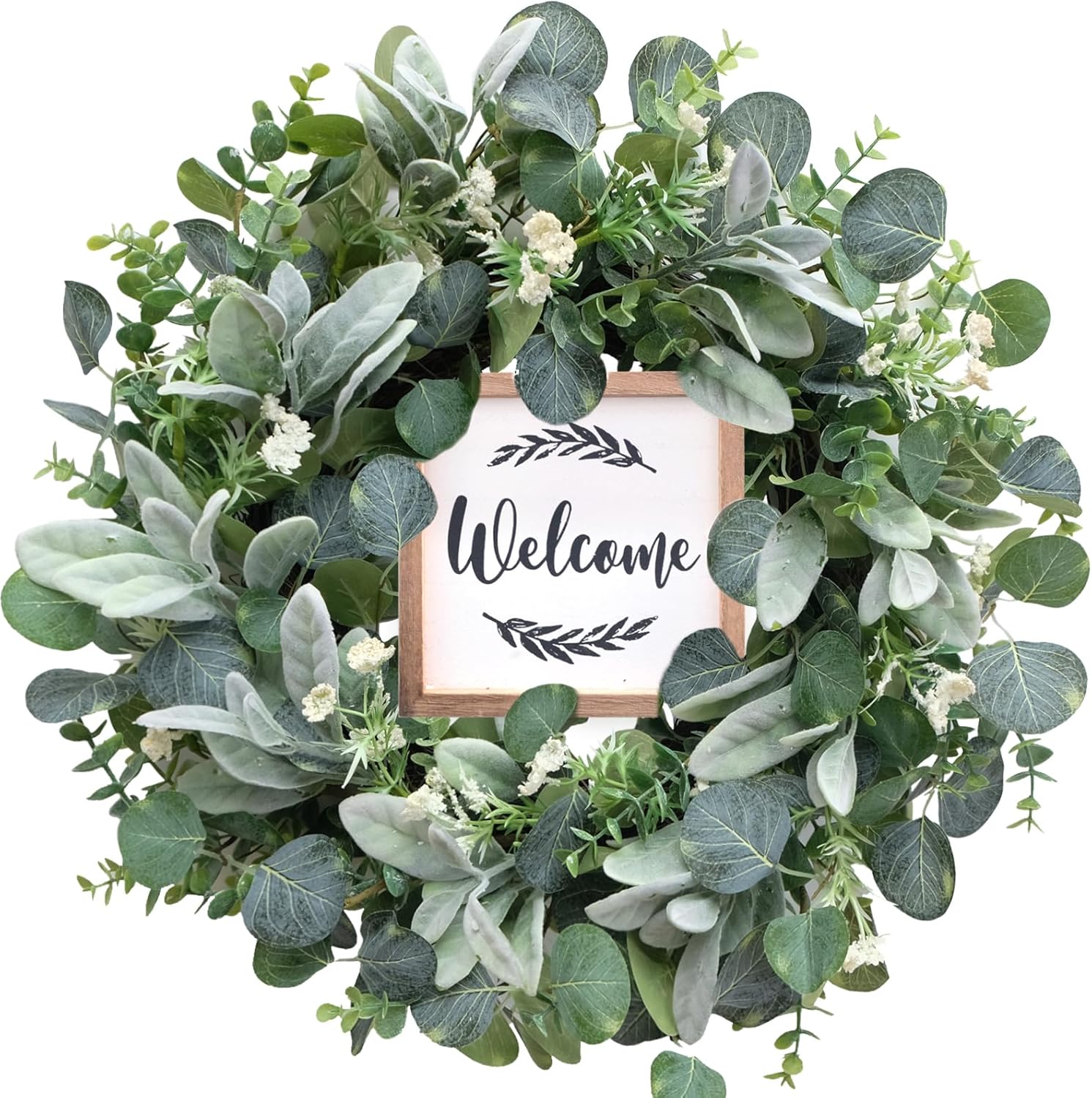 Bibelot Corona de eucalipto artificial verde para puerta delantera, corona de primavera y verano de 18 pulgadas con letrero de bienvenida para