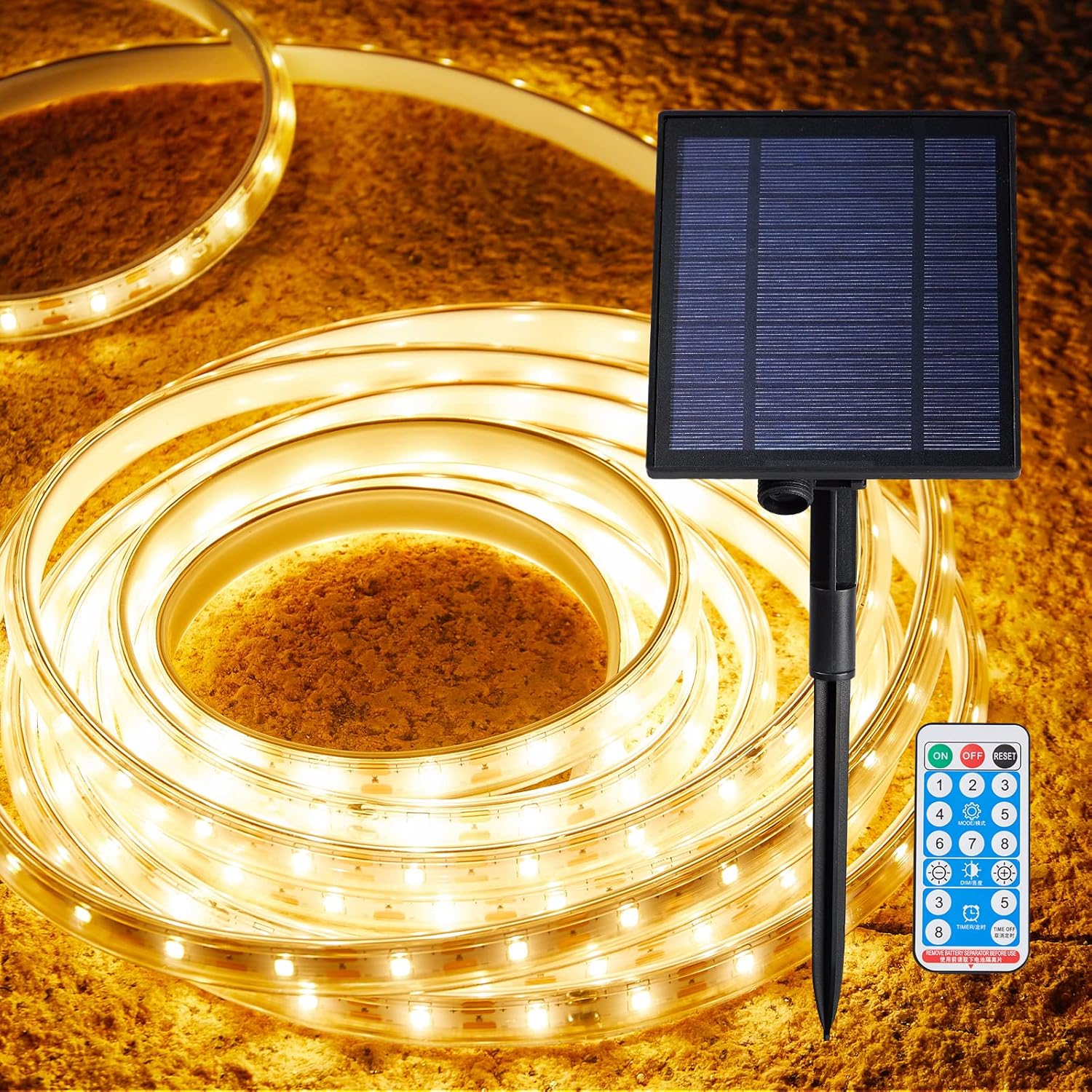 LUHLEE Tira de luces LED solares para exteriores, 600 luces LED más brillantes de 32.8 pies para exteriores con control remoto, 8 modos de