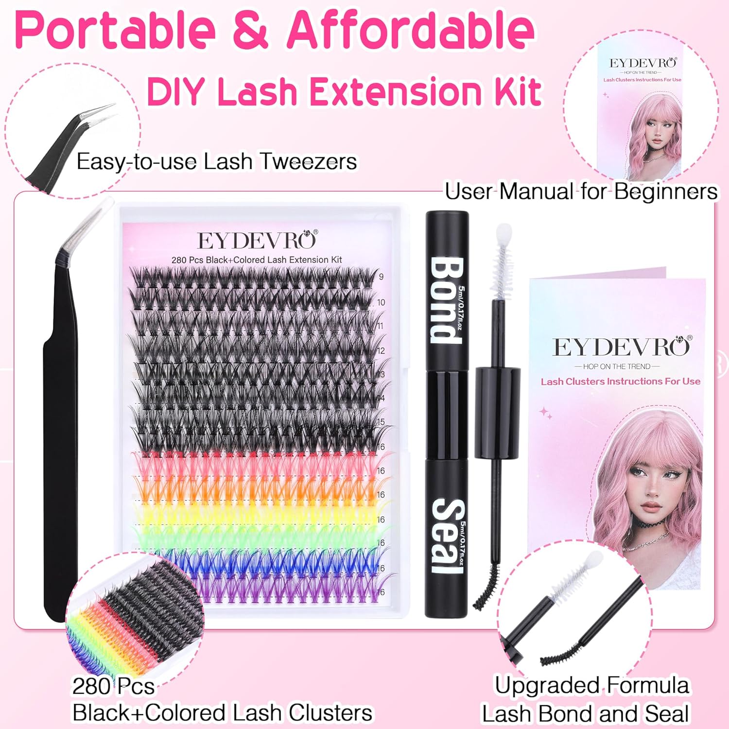 Kit de extensiones de pestañas de colores, racimos de pestañas de colores, 6 colores, arco iris, pestañas individuales con unión, sello y aplicador