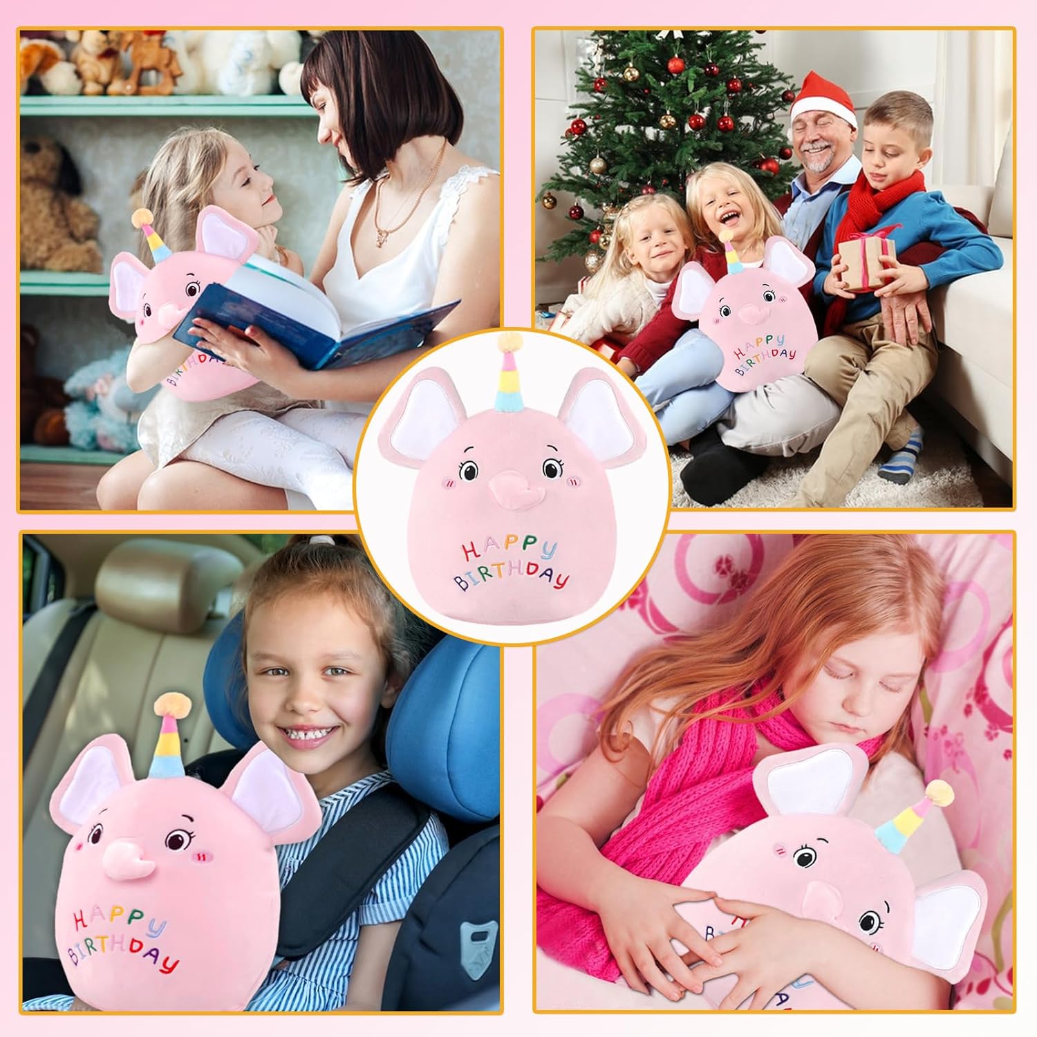 Almohada de felpa de elefante de cumpleaños de 14 pulgadas, almohada suave de cumpleaños de elefante de felpa para niñas y niños, regalo de