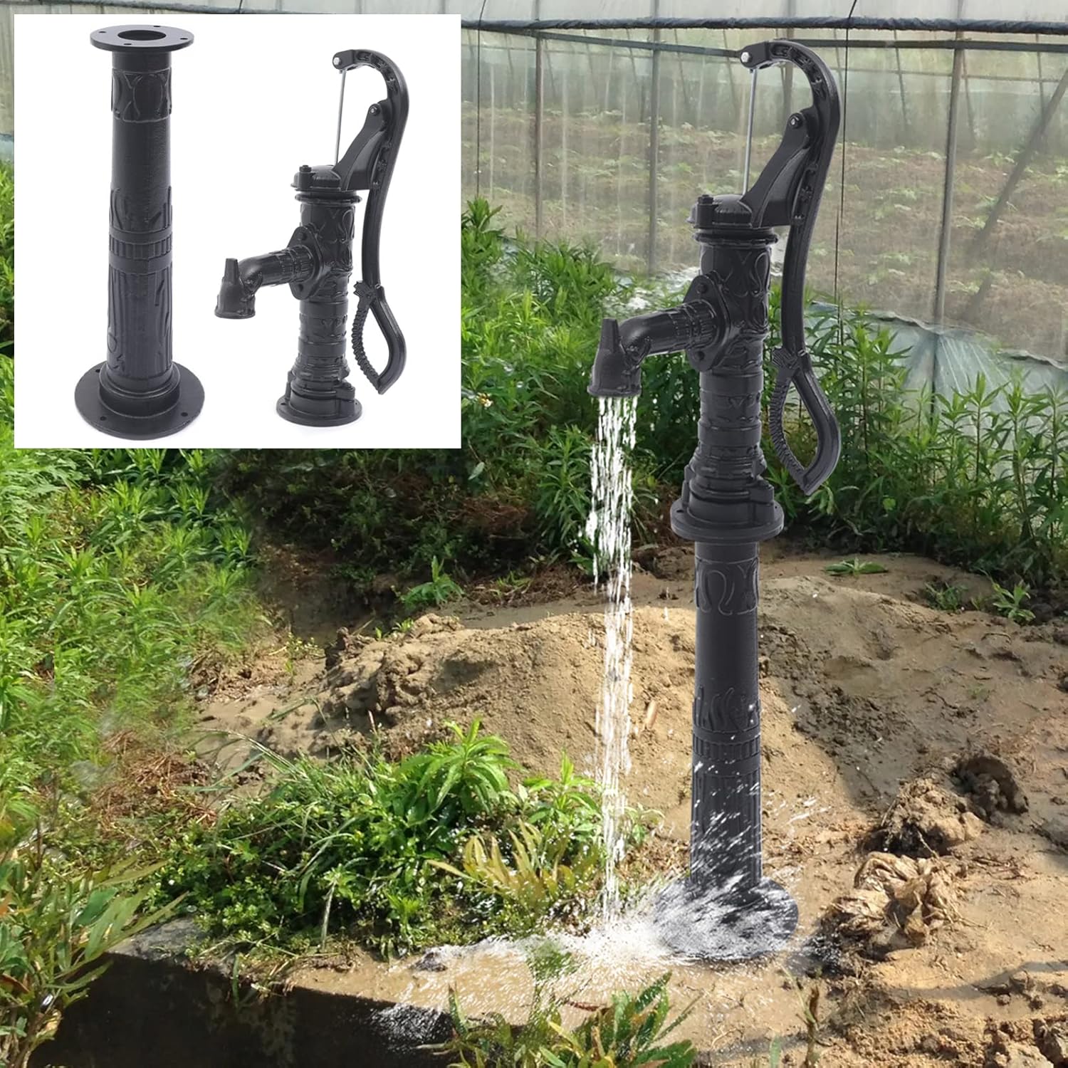 Bomba de agua manual de jardín con base de soporte, bomba de jarra de 2.0 x 6.2 x 26.3 pulgadas y soporte de bomba de 27 pulgadas, bomba de jarra de