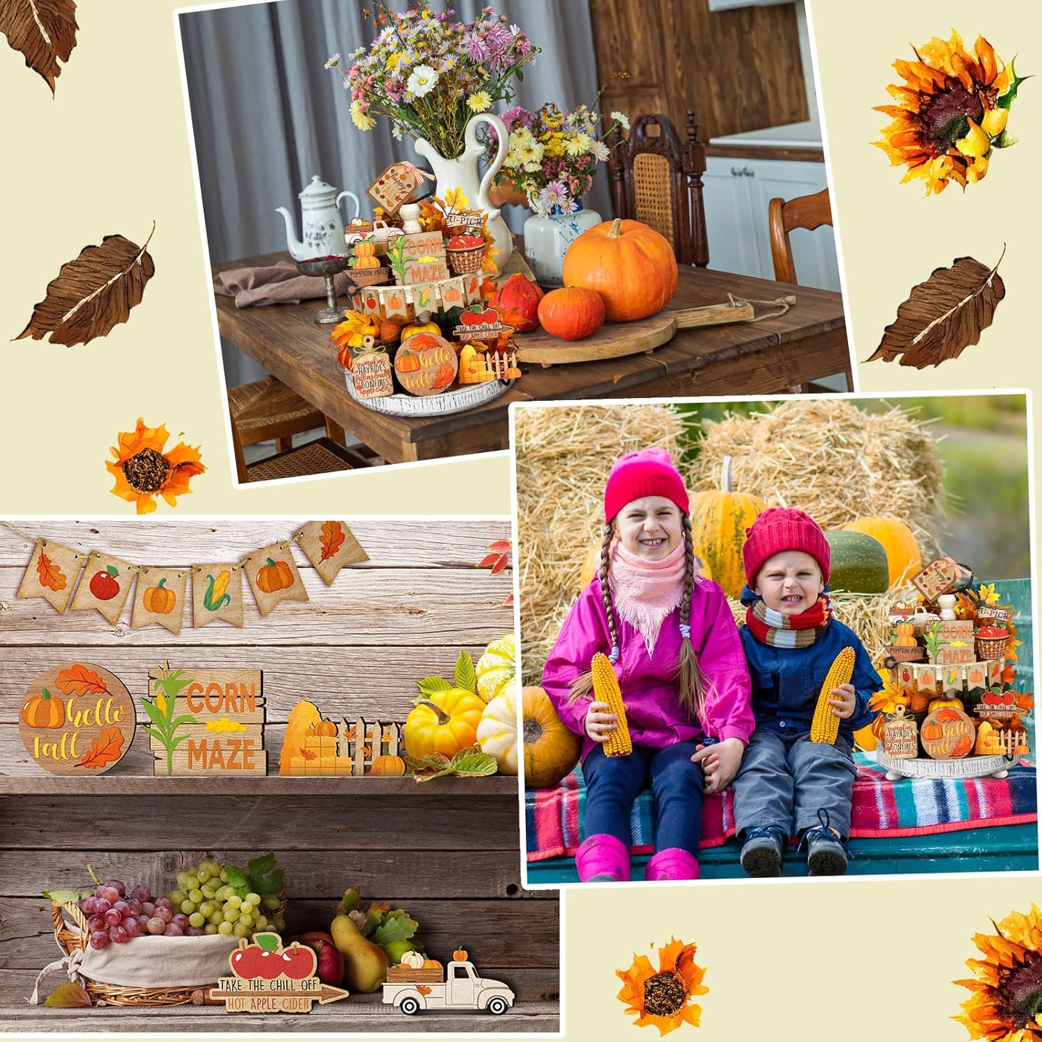 Juego de 15 bandejas escalonadas de otoño, decoración de calabaza, decoración de casa de campo, centros de mesa de hojas de arce de otoño, cosecha