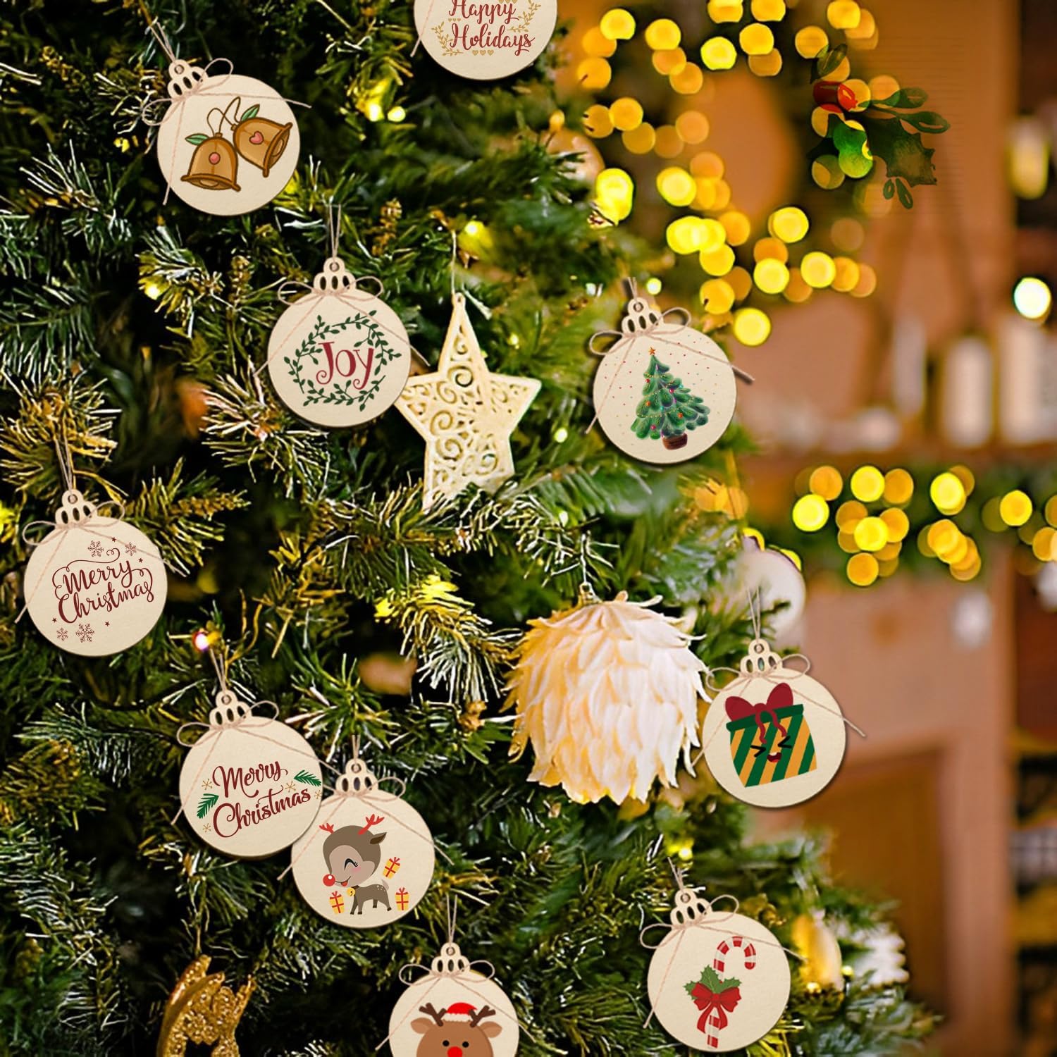 Artmag 100 piezas de adornos colgantes de madera sin terminar de Navidad, discos de madera redondos en blanco para niños, manualidades, centros de