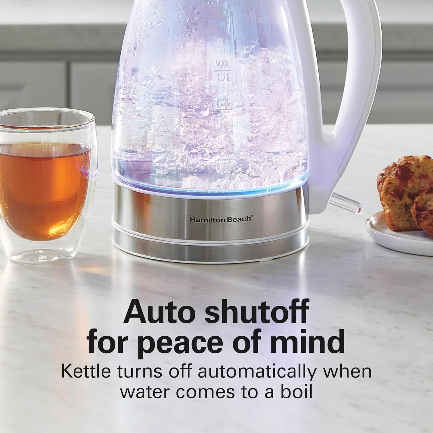 Hamilton Beach Hervidor de té eléctrico de 1.7L, caldera de agua y calentador, filtro de malla integrado, apagado automático y protección para