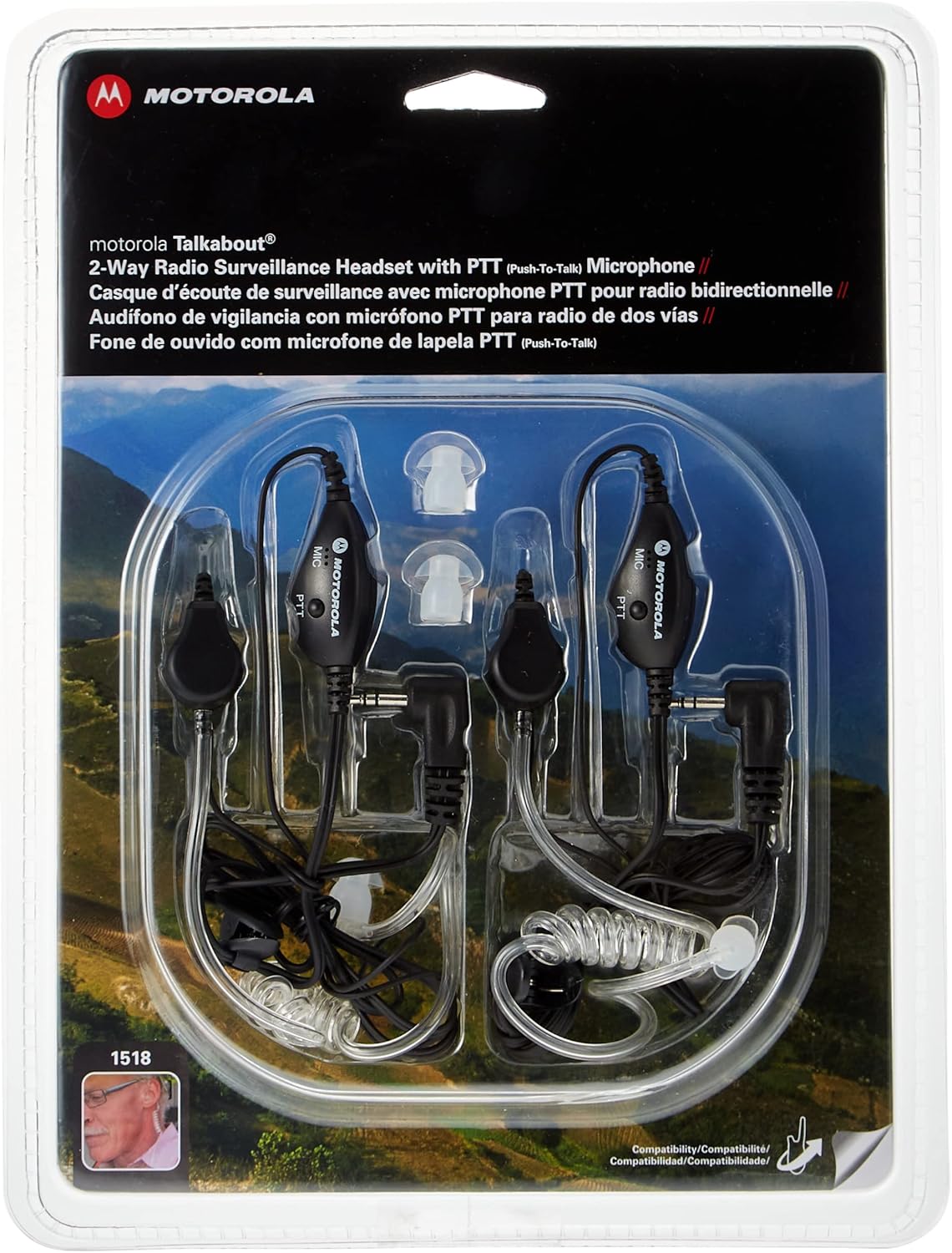 T383 – Radio de 2 vías azul de 25 millas con base de carga y auriculares de vigilancia Motorola 1518 con micrófono PTT, negro, blanco