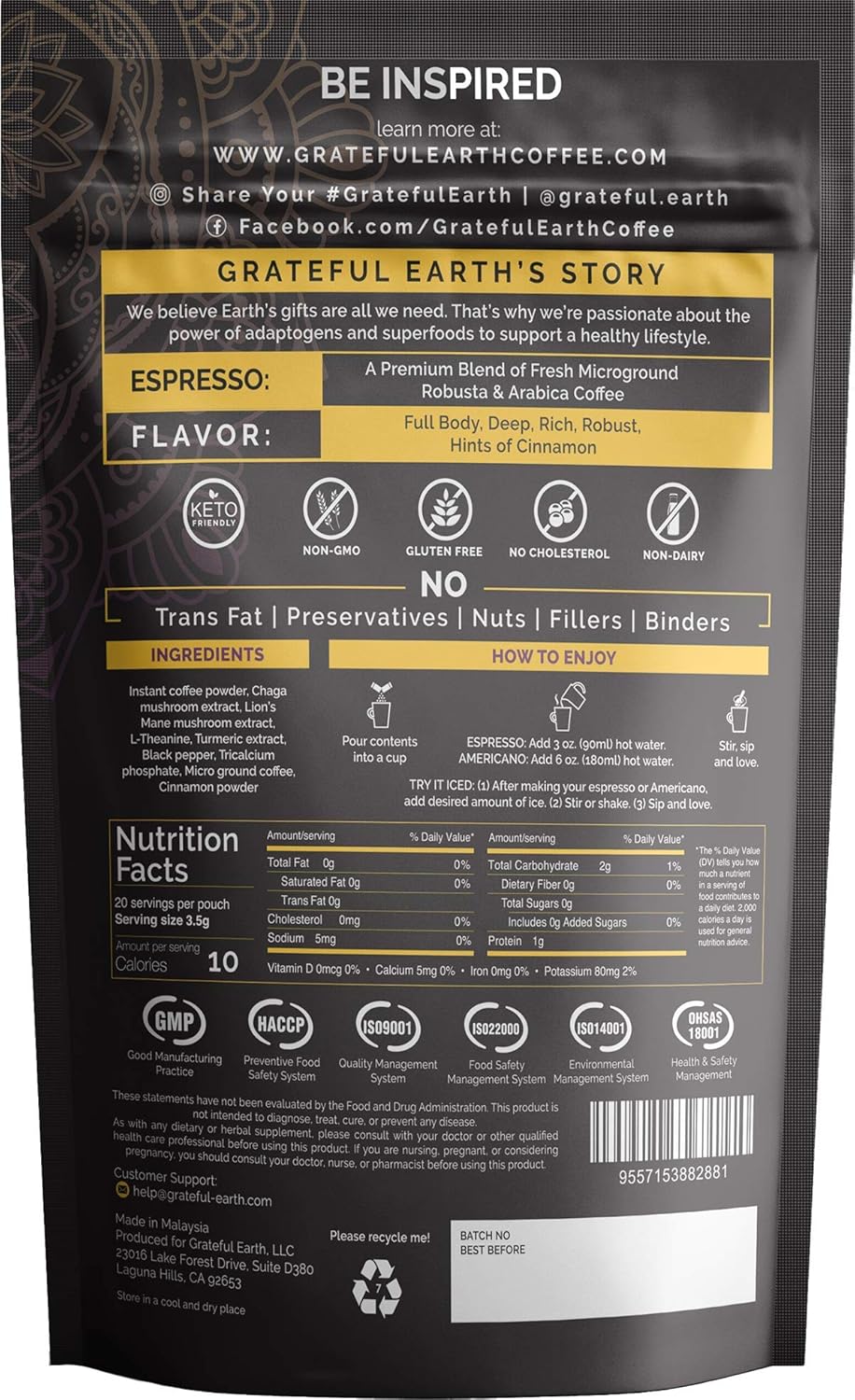 Grateful Earth Super Brain Blend Instant Gourmet Espresso  Café negro instantáneo con nootrópicos  20 paquetes  Café Robusta y arábica Microground