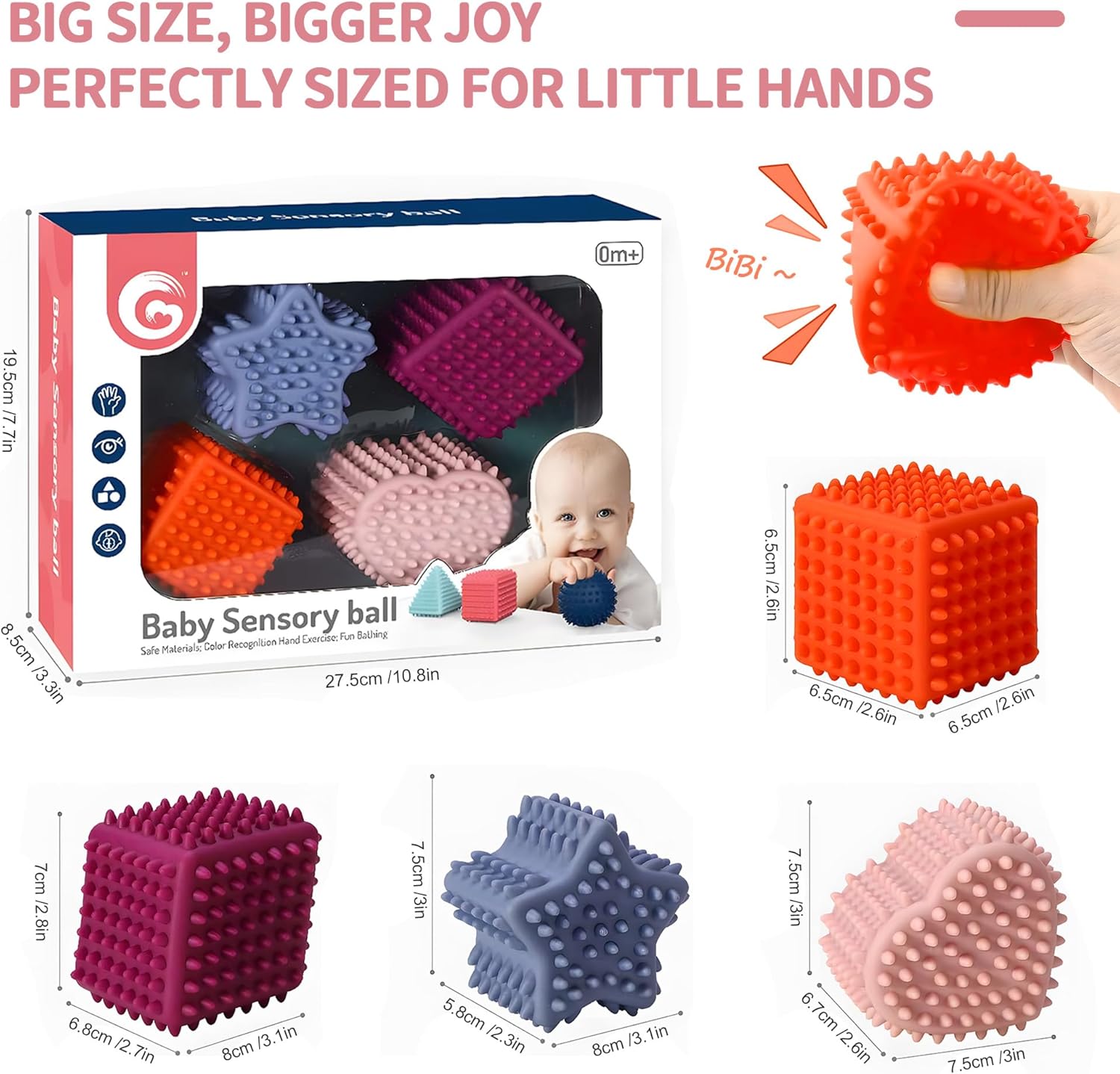 ROHSCE Pelotas sensoriales suaves y puntiagudas, juguetes Montessori, bolas de bebé de 6 a 12 meses, formas geométricas texturizadas para el