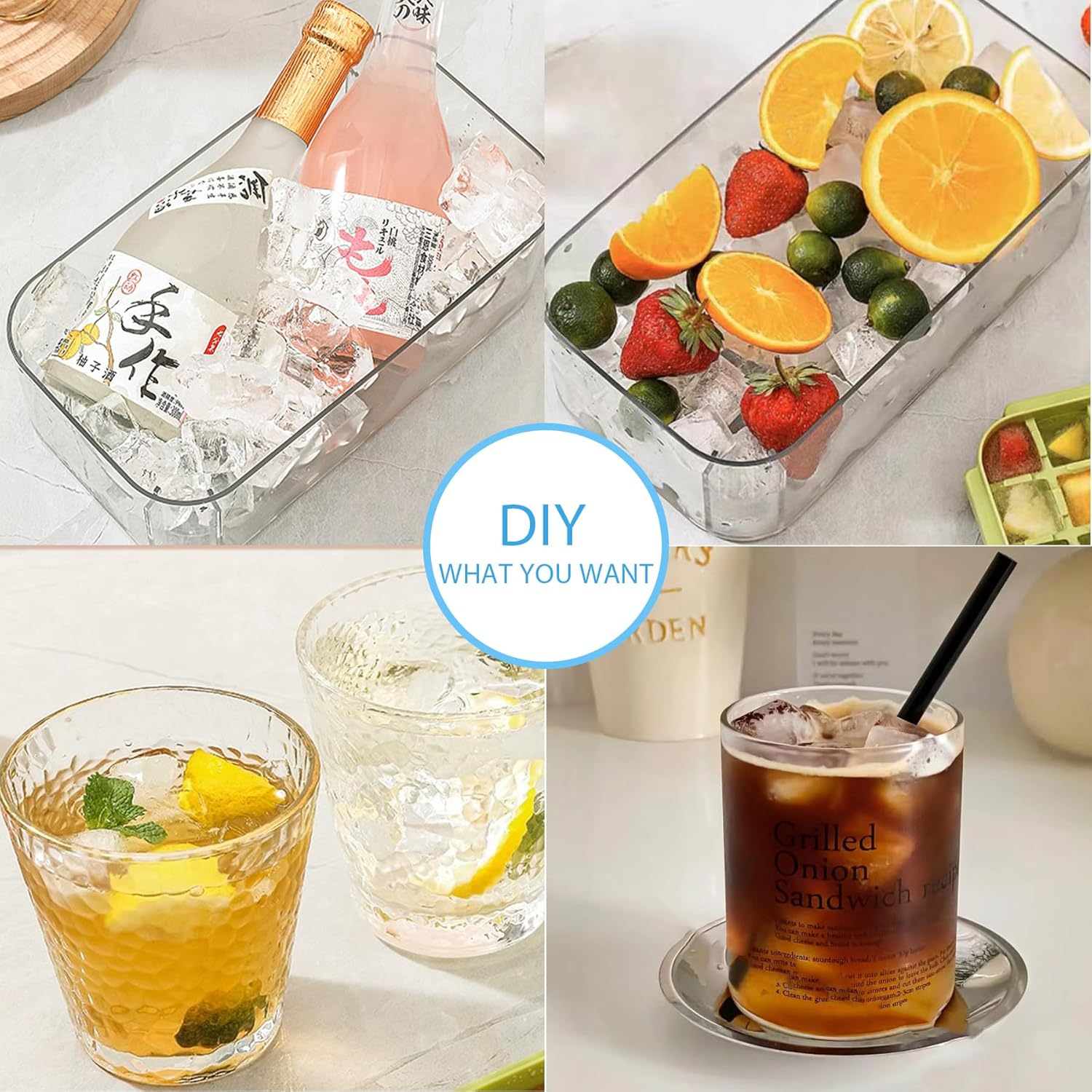 Bandeja para cubitos de hielo con tapa y contenedor, paquete de 2 bandejas de cubitos de hielo para congelador, 64 cubos de hielo, fácil de usar,