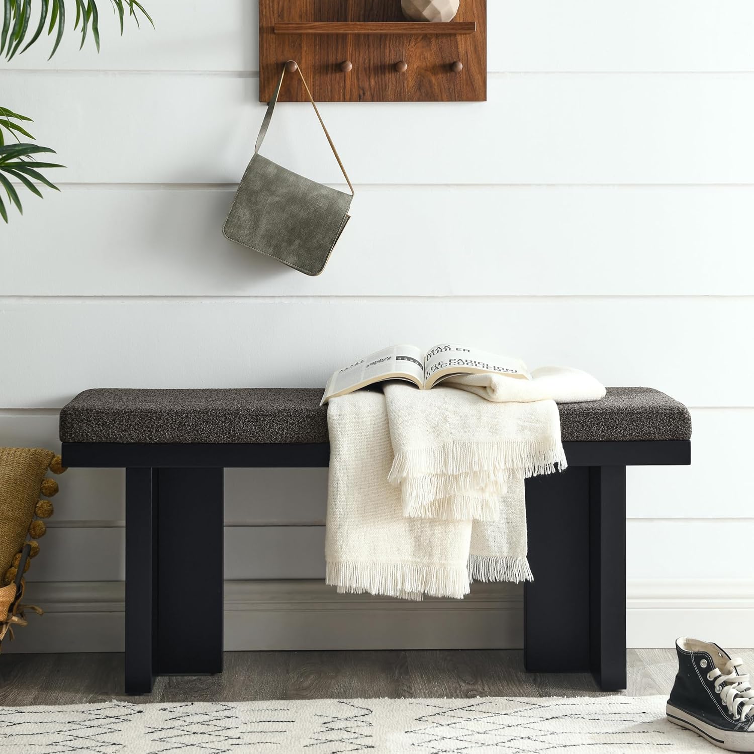 Banco acolchado para dormitorio, hecho de madera de goma resistente, esponja de lino, perfecto para salas de estar, dormitorios y pasillos modernos