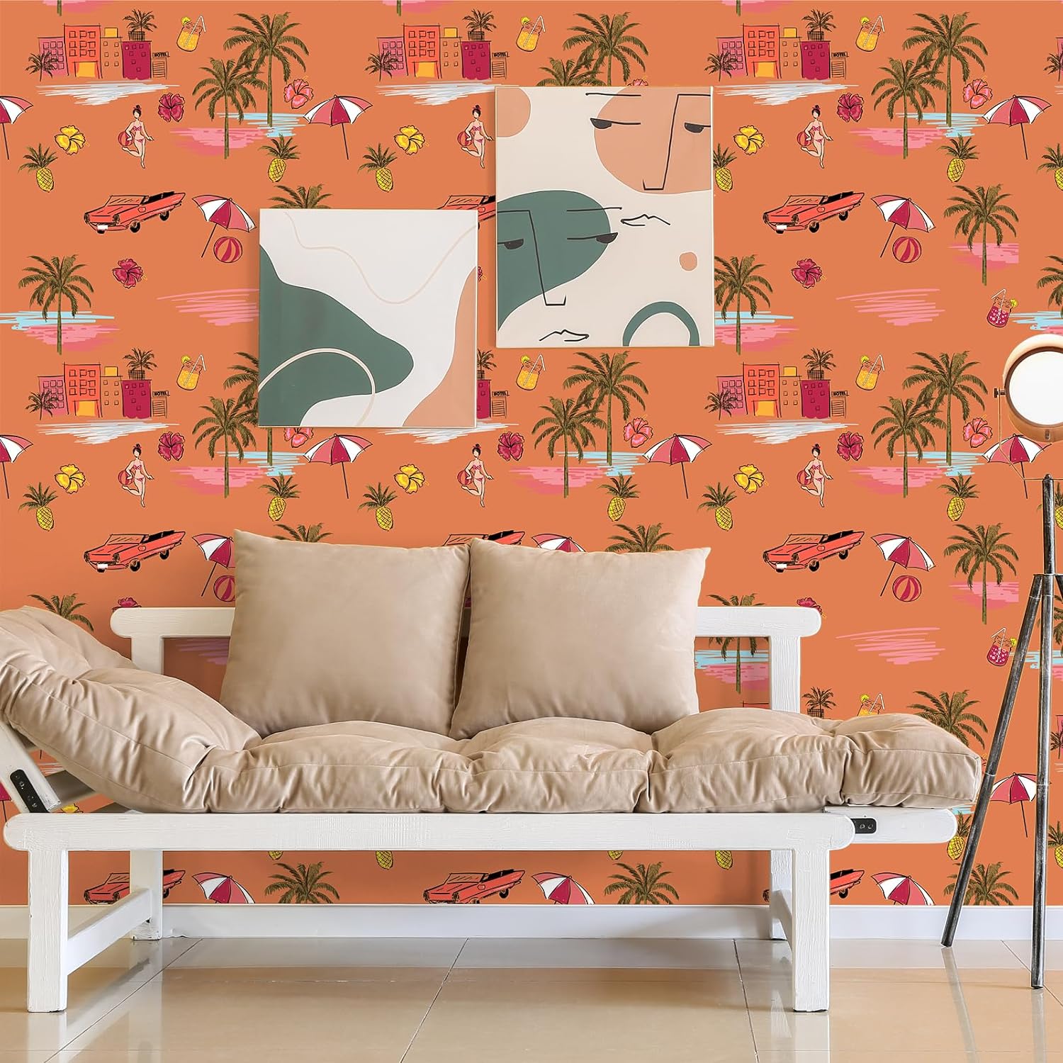 VEELIKE Papel tapiz dibujado a mano, diseño de isla y playa, despegar y pegar, color naranja, paisaje, palmeras, papel tapiz autoadhesivo de 17.7 x