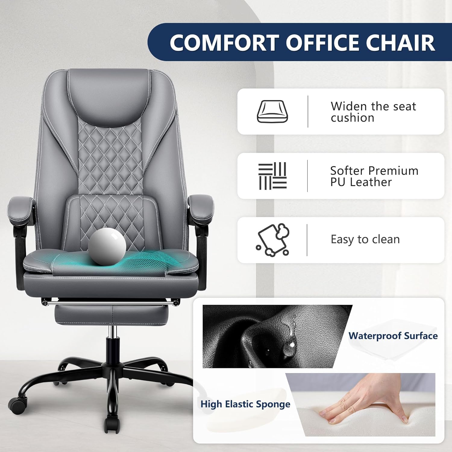 Guessky Silla de oficina ejecutiva, silla de oficina reclinable de cuero grande y alta con reposapiés, respaldo alto, silla de escritorio de oficina