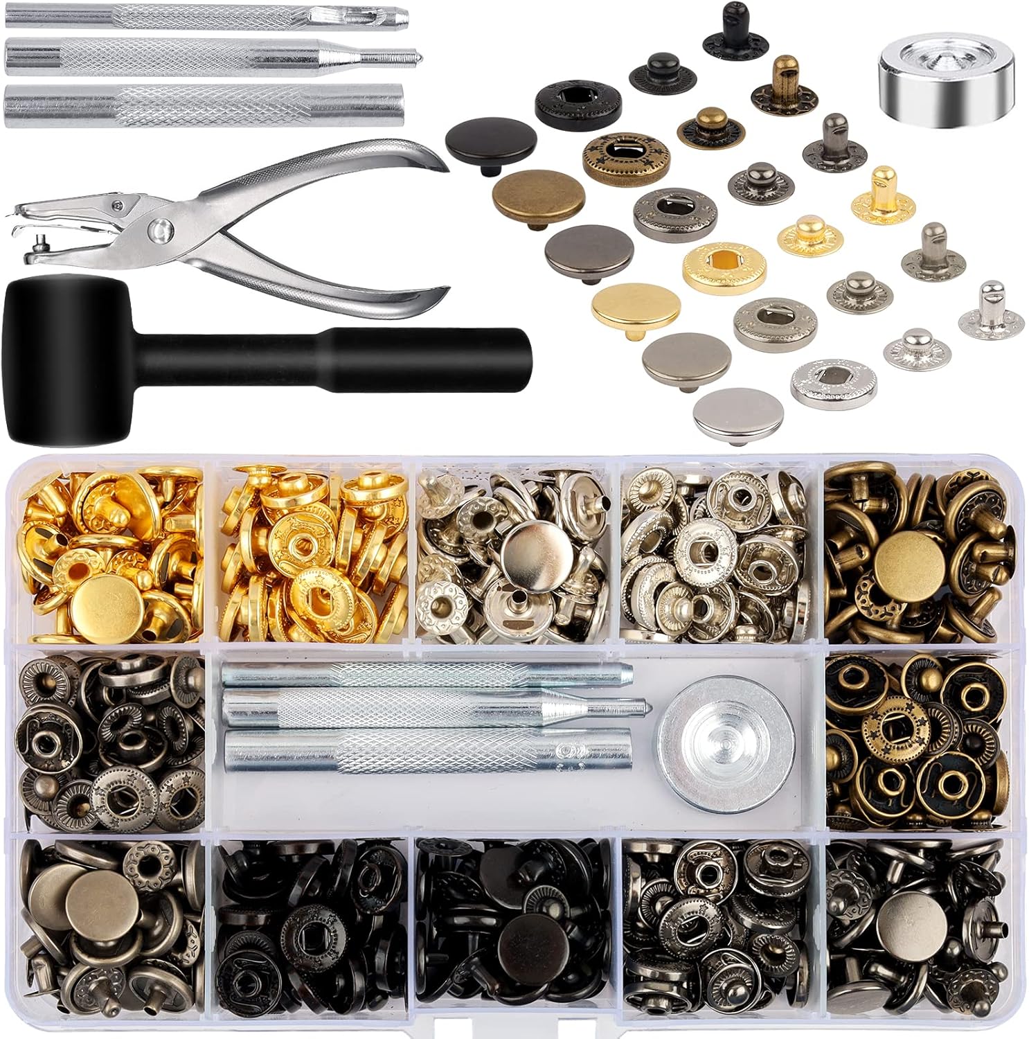 KWOKWEI – Juego de 120 broches de presión de cuero, juego de 120 botones a presión de metal con 6 herramientas de ajuste, 0.492 in, 6 colores