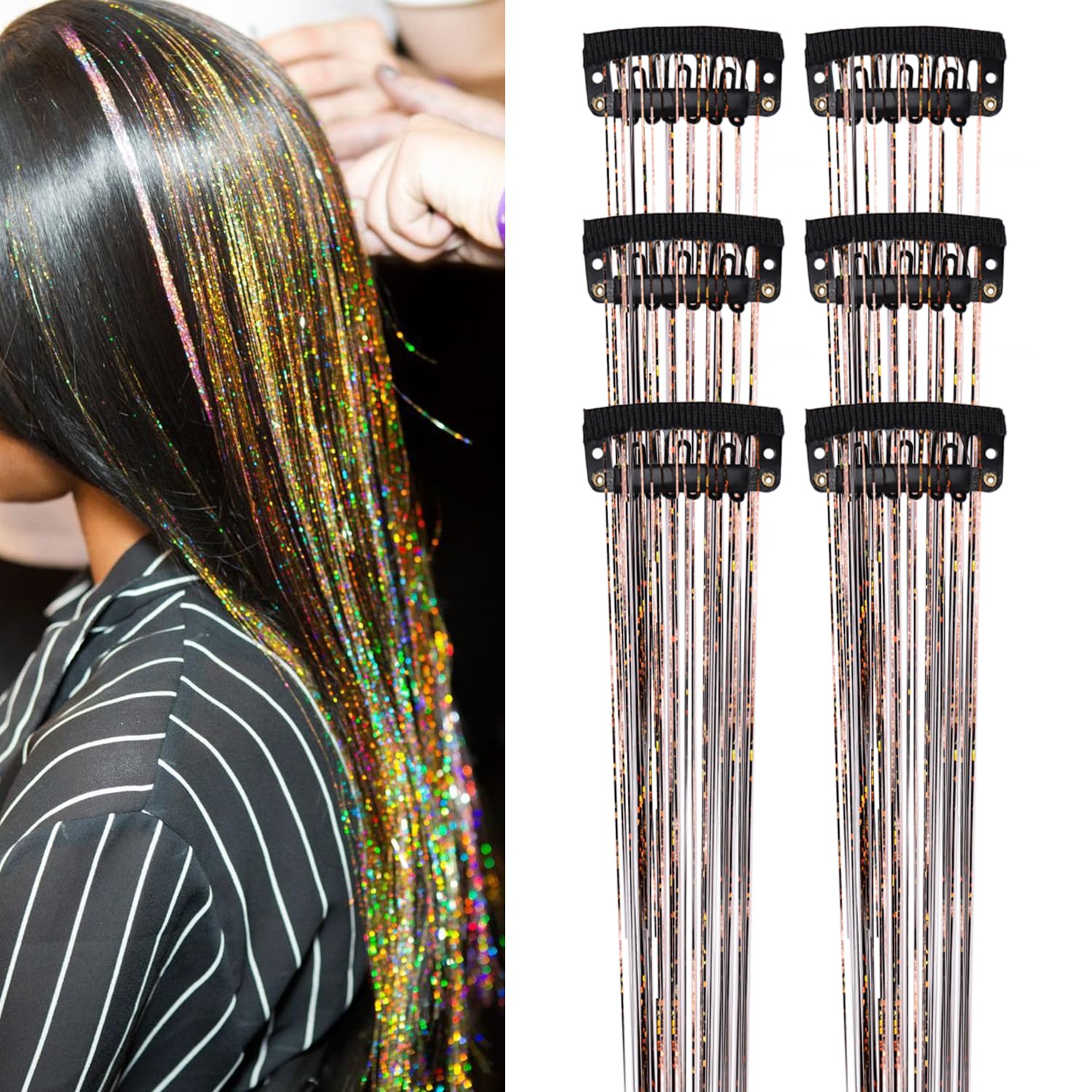 COSHONWOL – 6 clips de oropel para el cabello, kit de oropel con clip de 19.6 pulgadas, kit de oropel con purpurina, accesorios para fiestas de