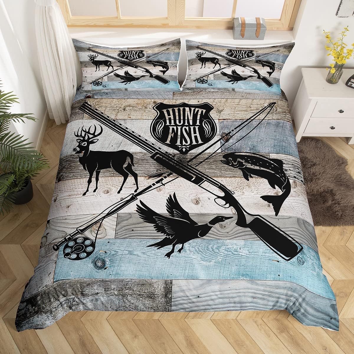Castle Fairy Hunt Fish – Juego de ropa de cama tamaño Queen, juego de funda de edredón de caza de animales de ciervos, pájaros, animales para niños,