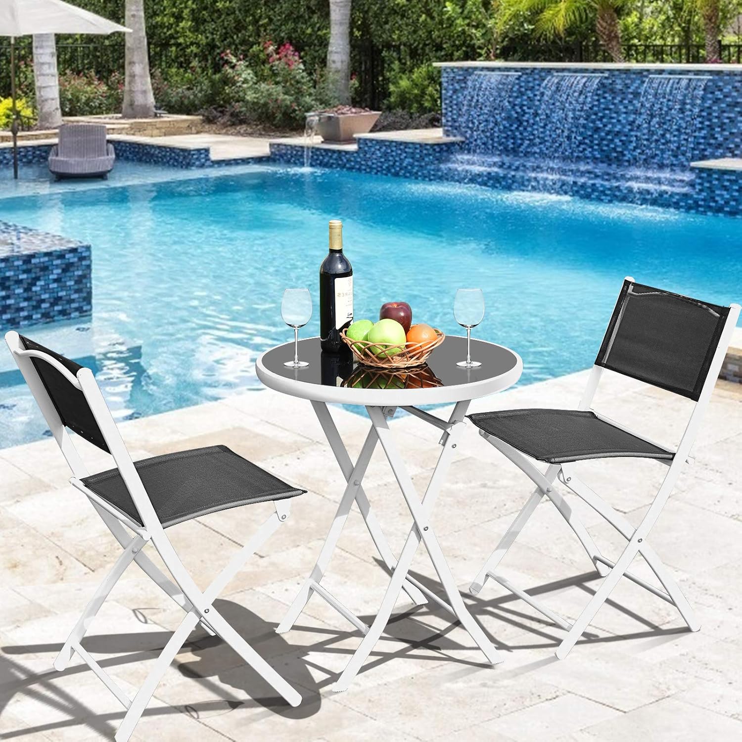 S AFSTAR Juego de 3 piezas, sillas plegables y mesa para interior y exterior, patio, balcón, jardín, junto a la piscina (negro)