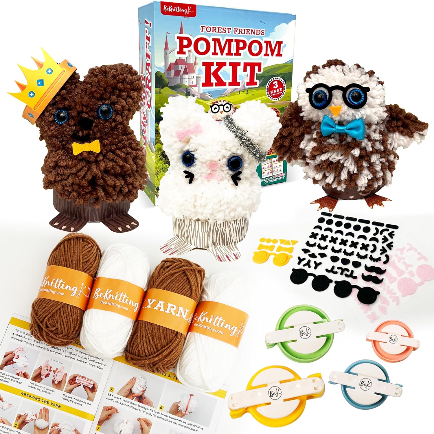 BeKnitting Kit de manualidades para hacer pompones para niños, completo con hilo, fabricantes de pompones y calcomanías