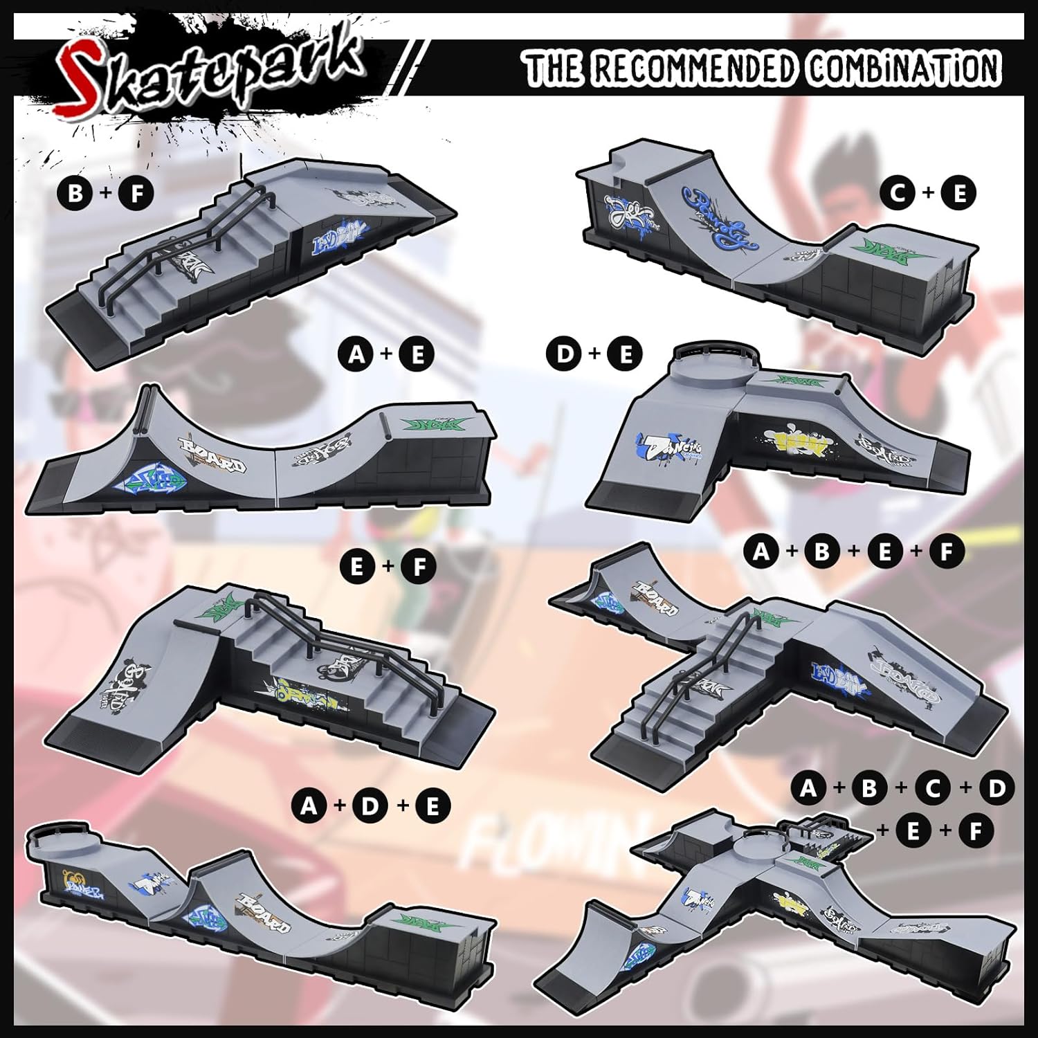 CS COSDDI Juego de rampa para patinetas de dedo, kit de riel de mini diapasón con 6 patinetas, 6 rampas de diapasón, juguete interavtivo para dedos