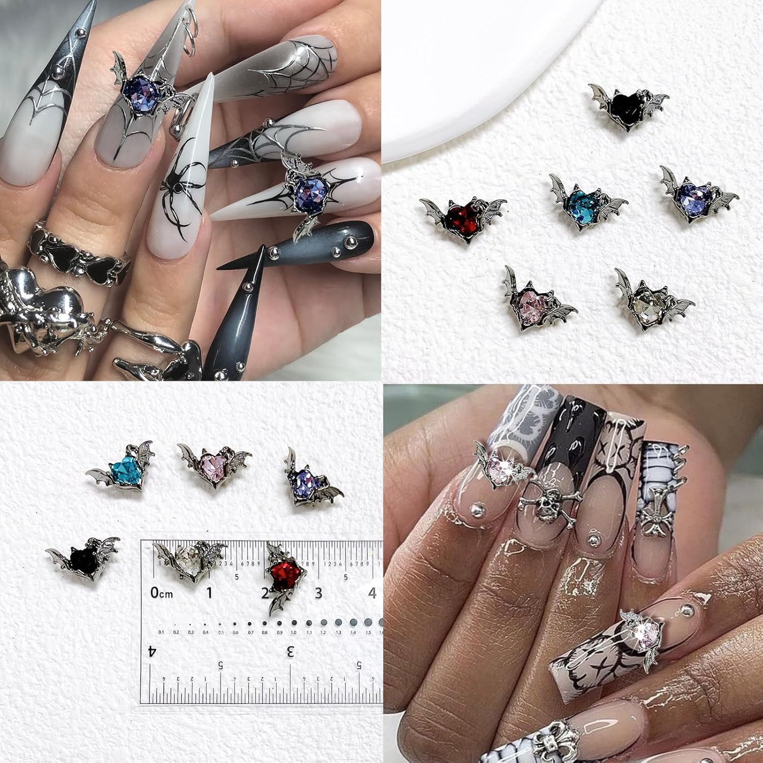 24 dijes de uñas de Halloween de aleación 3D, diamantes de imitación de cristal, suministros de arte de uñas, gemas de diseño de corazón de