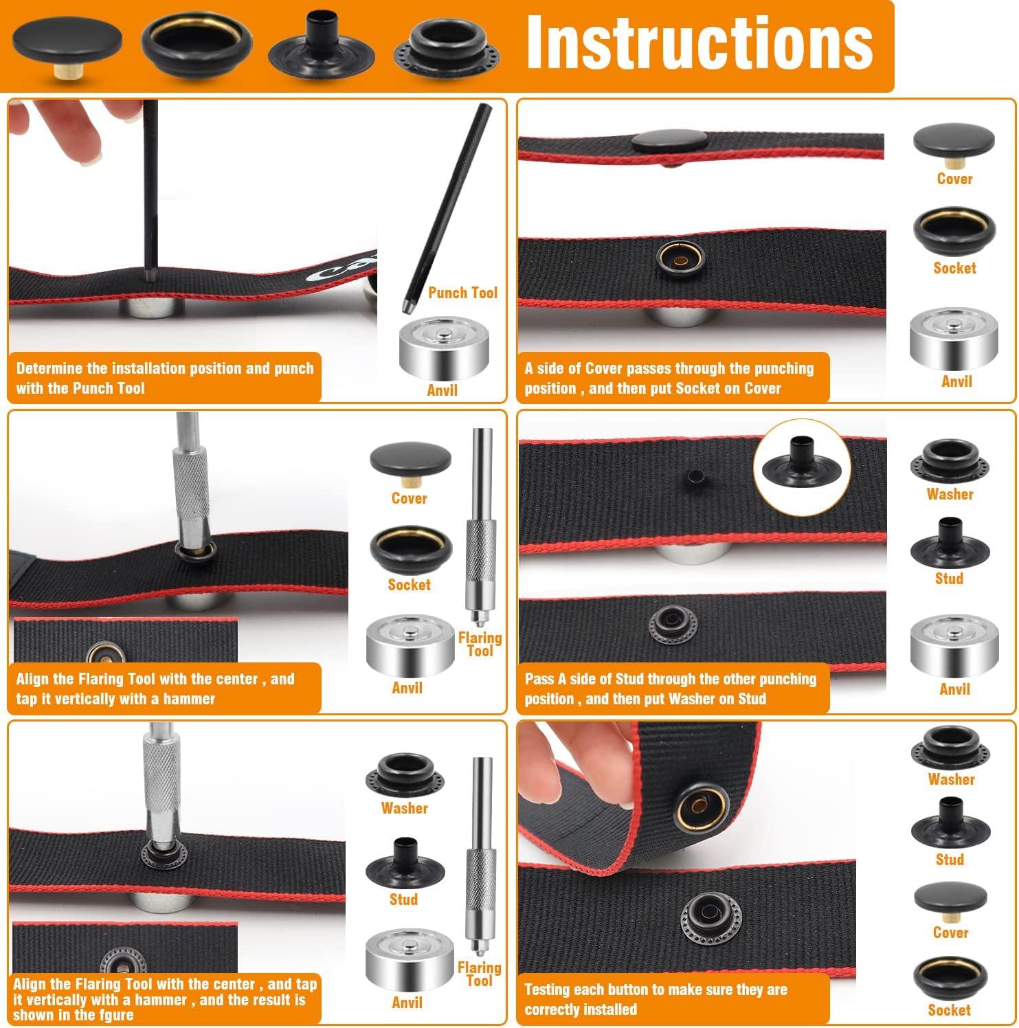 Kit de 274 piezas de tornillos de metal a presión de acero inoxidable de grado marino, botones a presión con punzón de agujero y herramientas de
