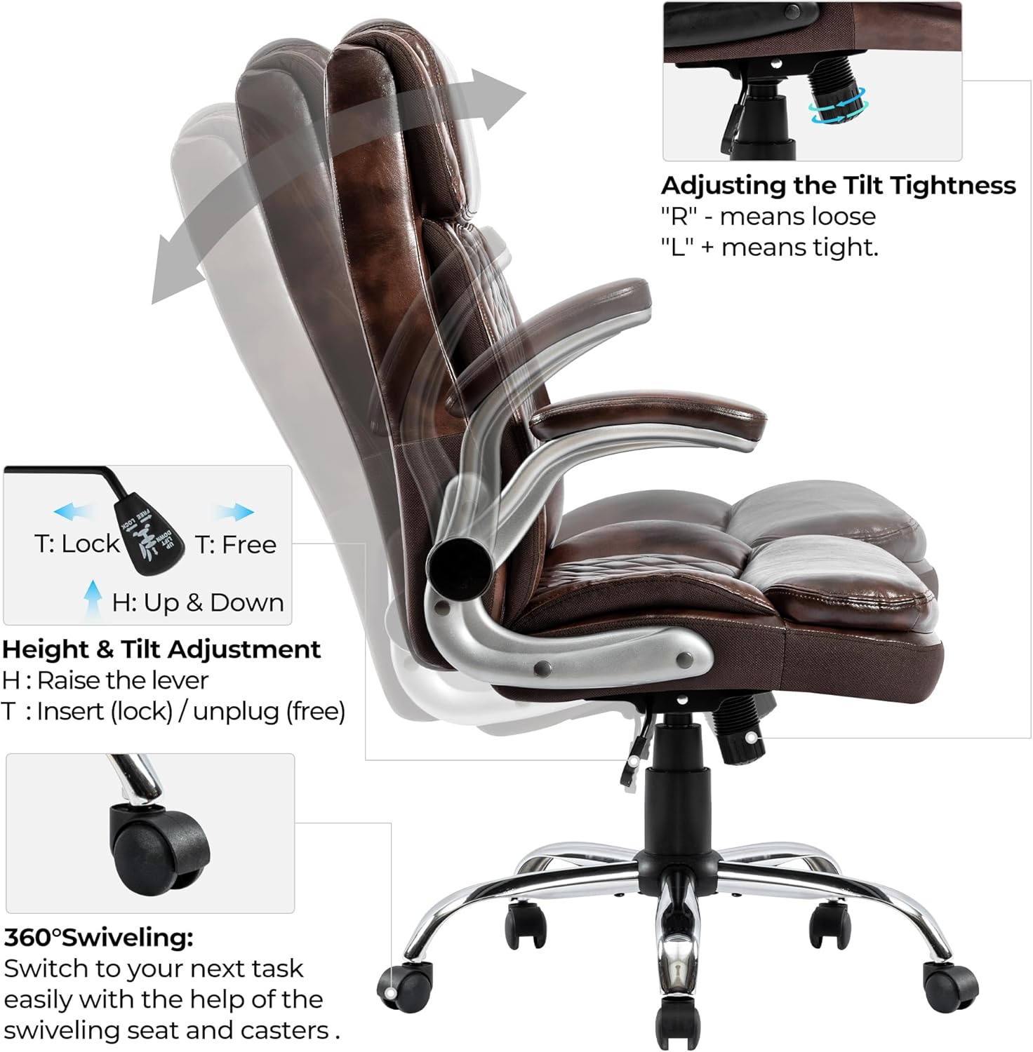 HOMYEDAMIC Silla de oficina de respaldo alto con brazos ajustables, sillas ejecutivas de computadora de piel sintética, giro grande y alto, ángulo