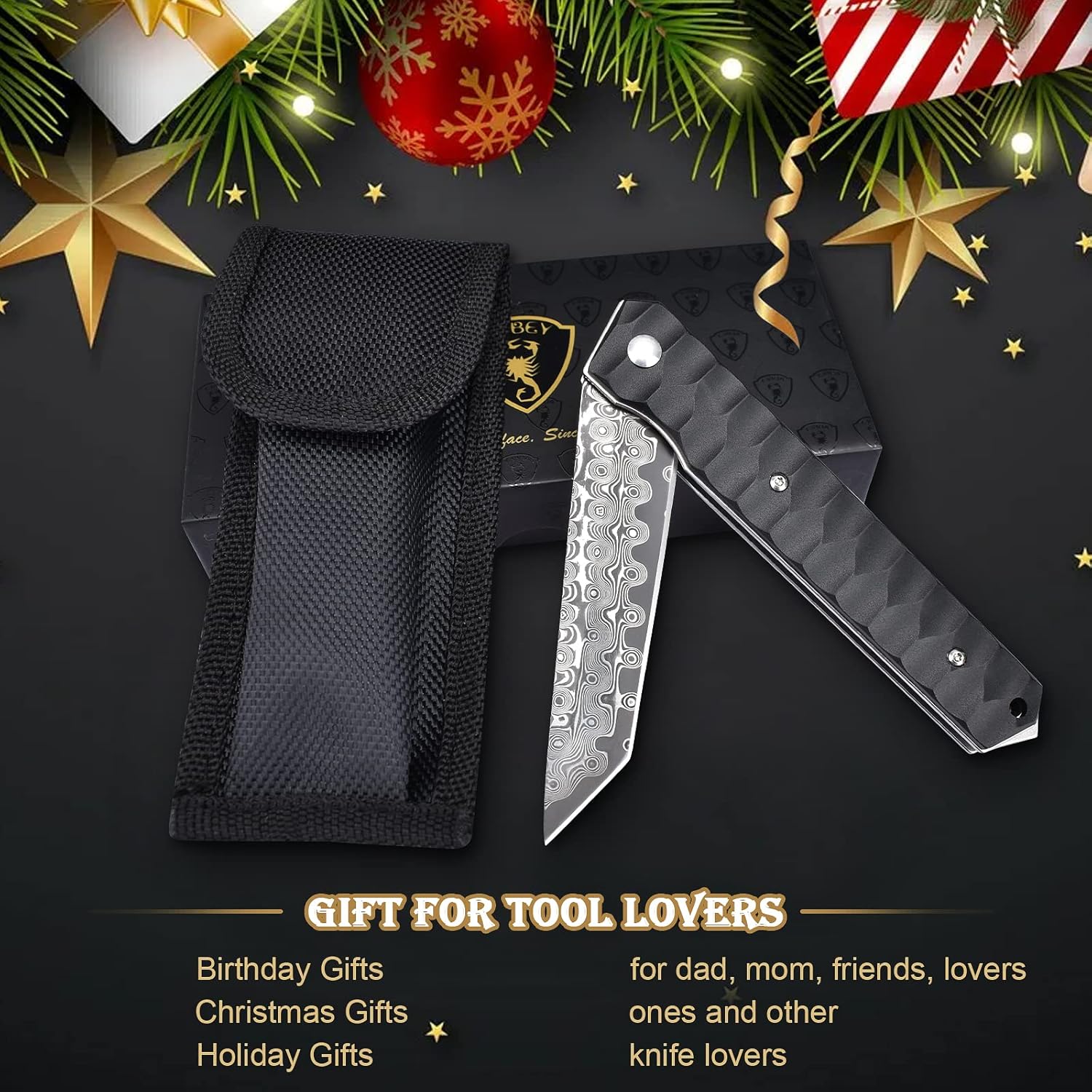 AUBEY Cuchillo de bolsillo de Damasco con clip para hombres y mujeres, cuchillos plegables de acero de Damasco con rodamiento de bolas, mango