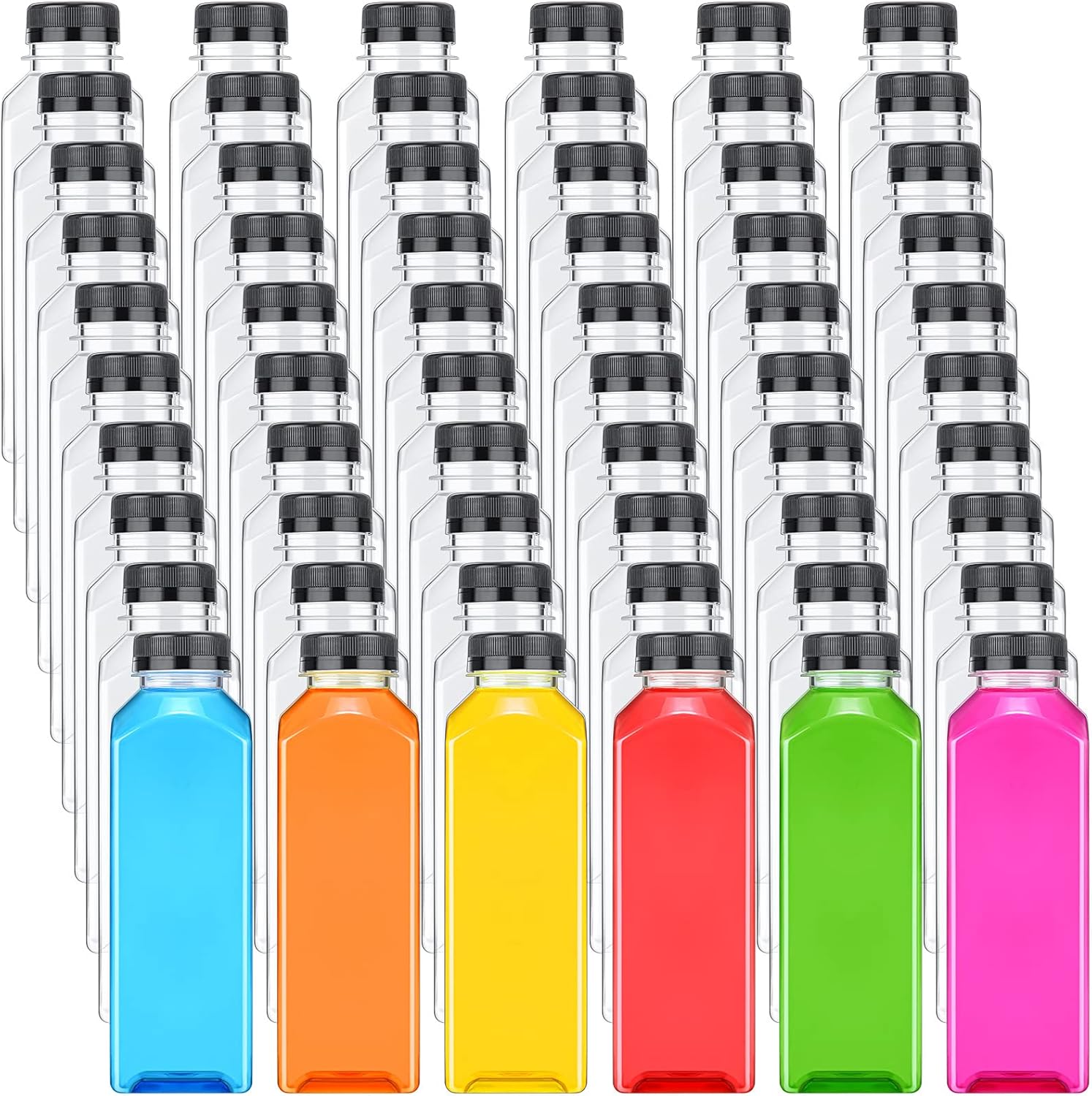 200 botellas de plástico con tapas, botellas cuadradas transparentes para jugos, recipientes para bebidas, reutilizables, botellas vacías para