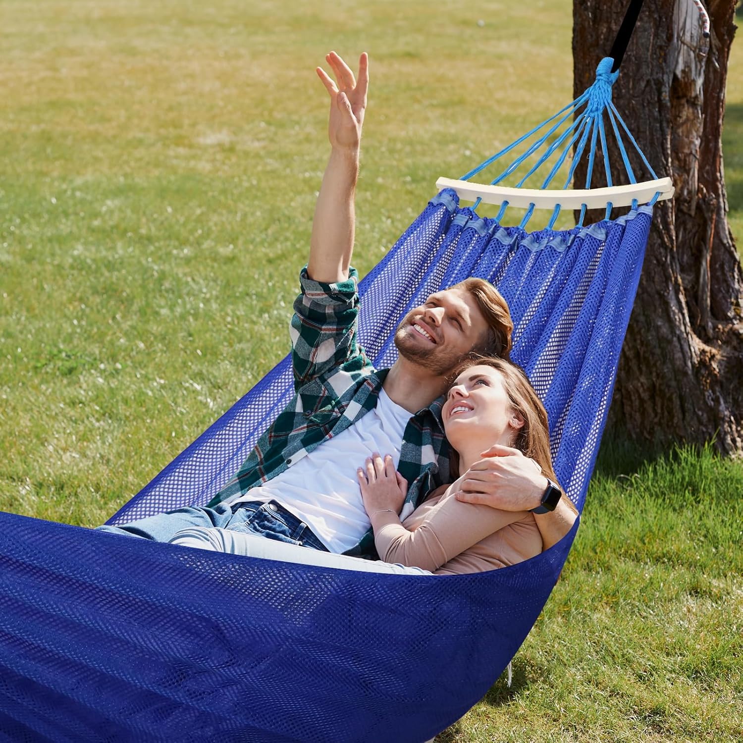 Anyoo Hamaca de camping de tela transpirable con barra esparcidora para colgar hamaca resistente de hasta 450 libras, hamaca portátil con bolsa de