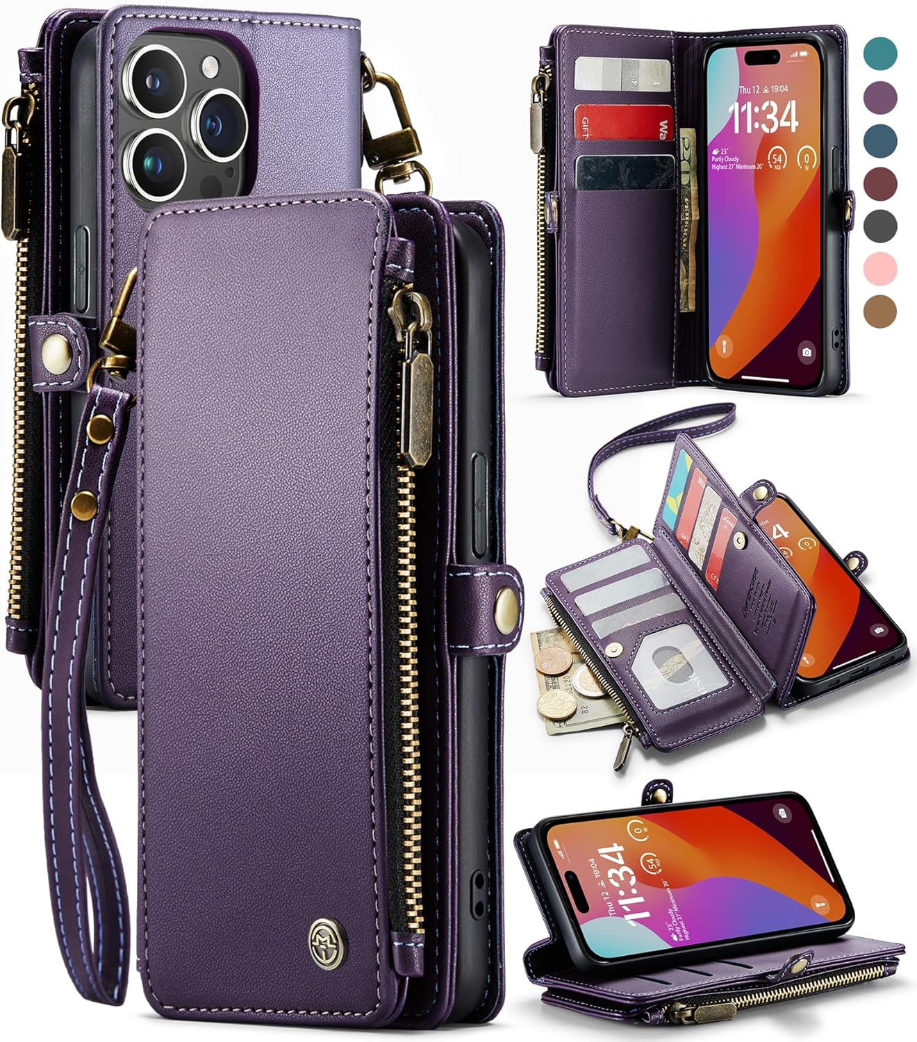 Defencase Funda para iPhone 15 Pro Max, bloqueo RFID, funda tipo cartera para iPhone 15 Pro Max para mujeres y hombres, con tarjetero y cremallera,