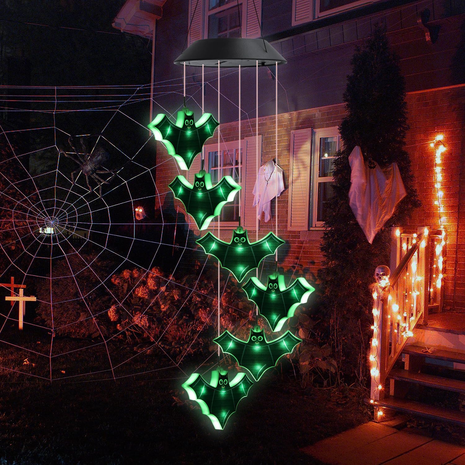 Luces decorativas de Halloween, luces de murciélago verdes aterradoras para exteriores, luces solares colgantes de Halloween, campanillas de viento