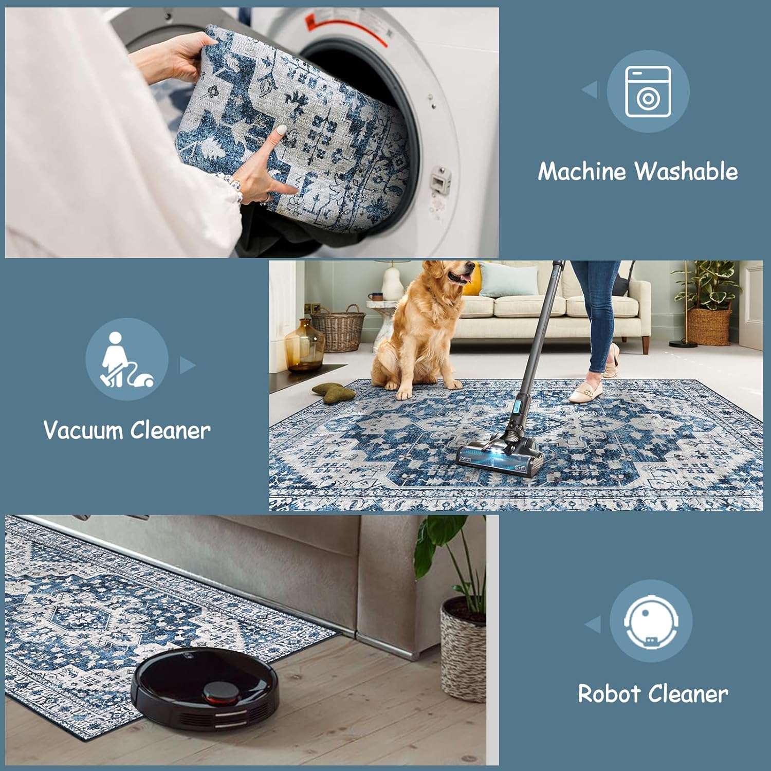 Moynesa Alfombra de pasillo lavable ultrafina  2 x 6 pulgadas, color azul, alfombra lavable para cocina, baño, alfombra de pasillo con estampado