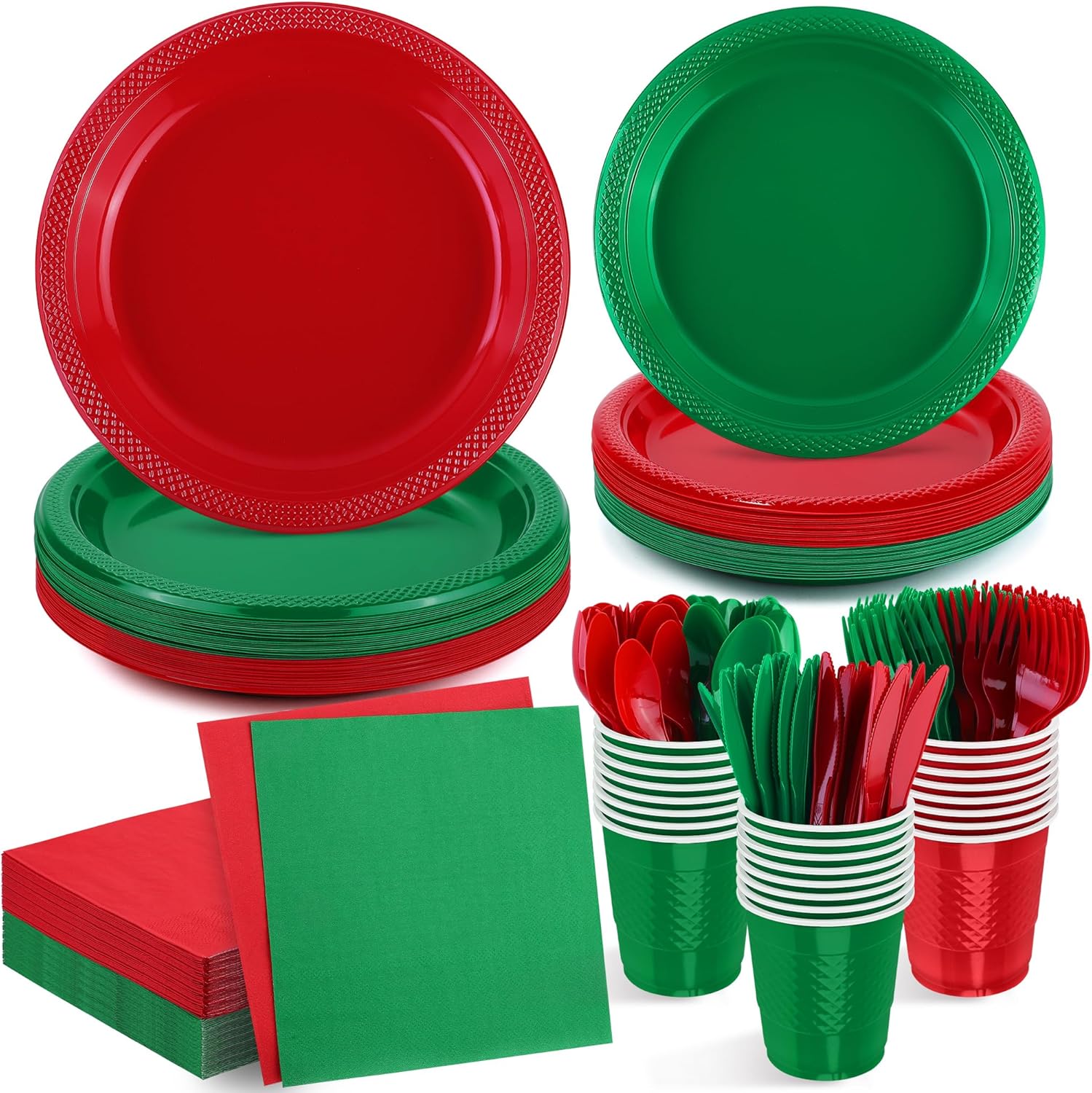 Juego de vajilla desechable de 168 piezas de Navidad rojo y verde para fiestas, incluye platos de plástico de Navidad, tazas, cuchillos, tenedores,
