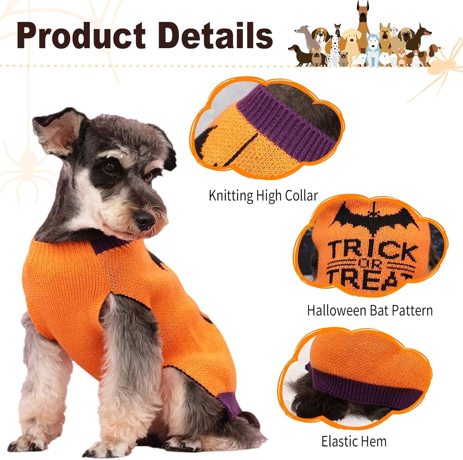 Suéter de Halloween para perros cuello alto, de punto, cálido disfraz de murciélago para cachorro, suéter de invierno para truco o trato, ropa para