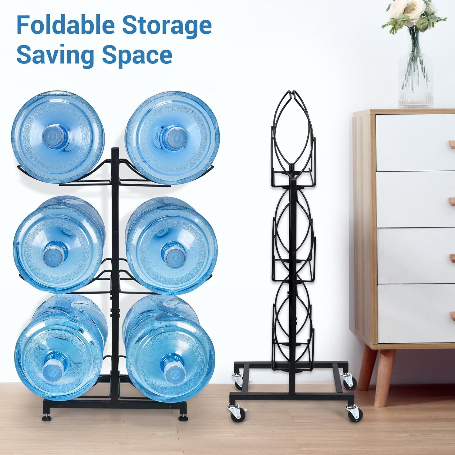 Soporte para botella de agua de 5 galones con 4 ruedas, soporte plegable resistente para jarra de agua de 3 niveles, soporte para jarra de agua de 5