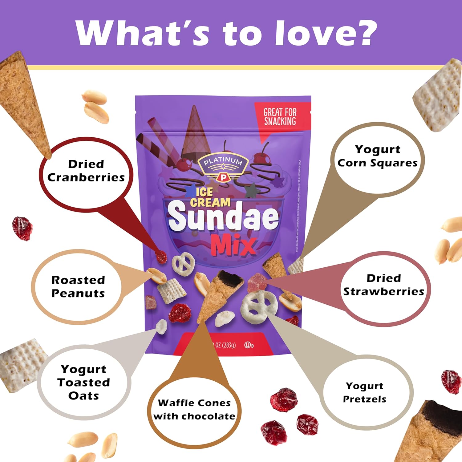 Platinum – Ice Cream Sundae Mix 10 oz  Mezcla de frutos secos y frutas secas con conos de gofres de chocolate, pretzels de yogur, avena, arándanos,