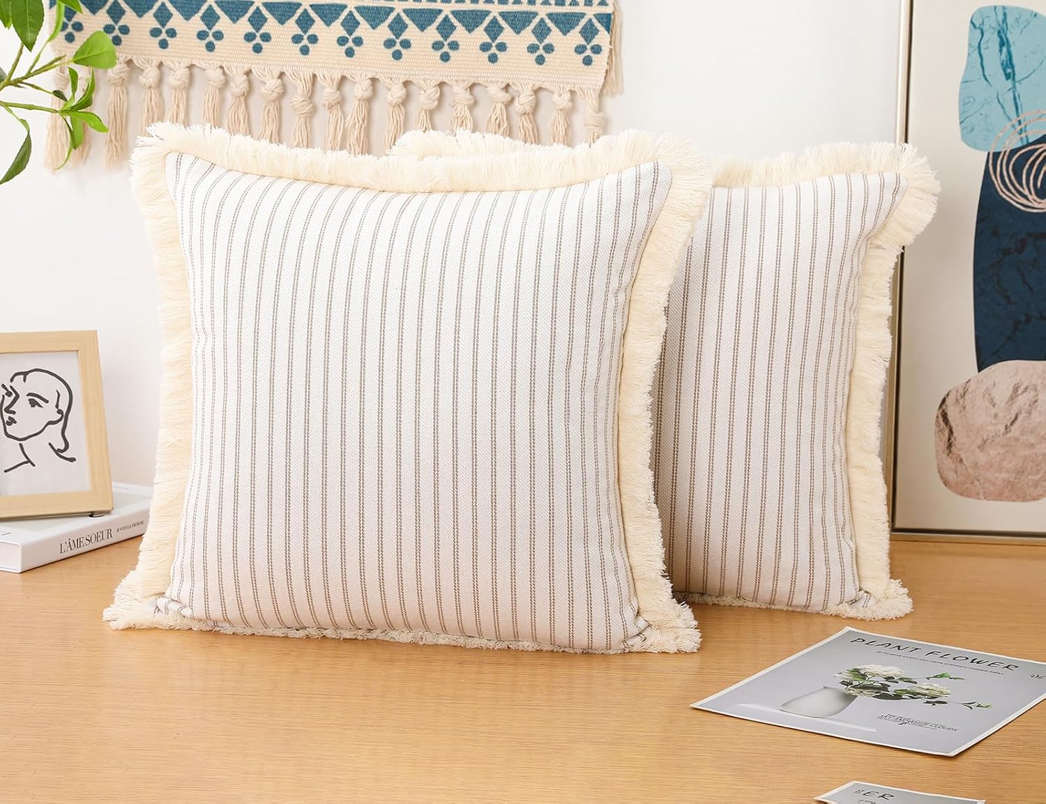 Juego de 2 fundas de almohada bohemias de color caqui de 22 x 22 pulgadas, almohada neutra de algodón con flecos de borlas, funda de cojín