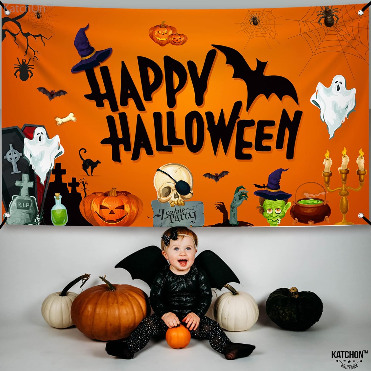 Fondo extragrande de Halloween para fotografía de 72 x 44 pulgadas, 2 piezas, pancarta naranja de feliz Halloween, cartel de truco o trato,