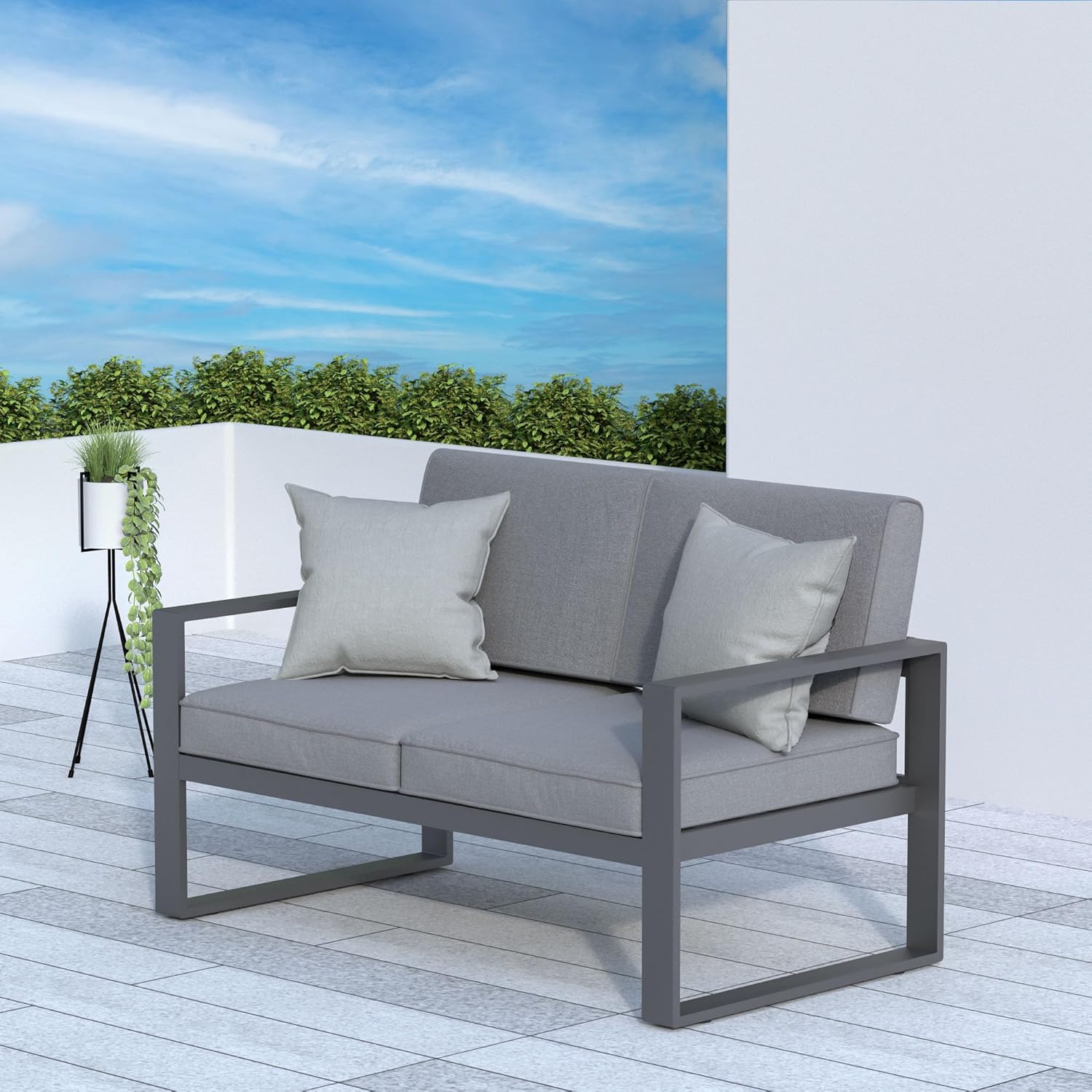 May in Color Sofá biplaza al aire libre de aluminio, muebles modernos de metal para patio, silla contemporánea de 2 asientos con cojín, Gery